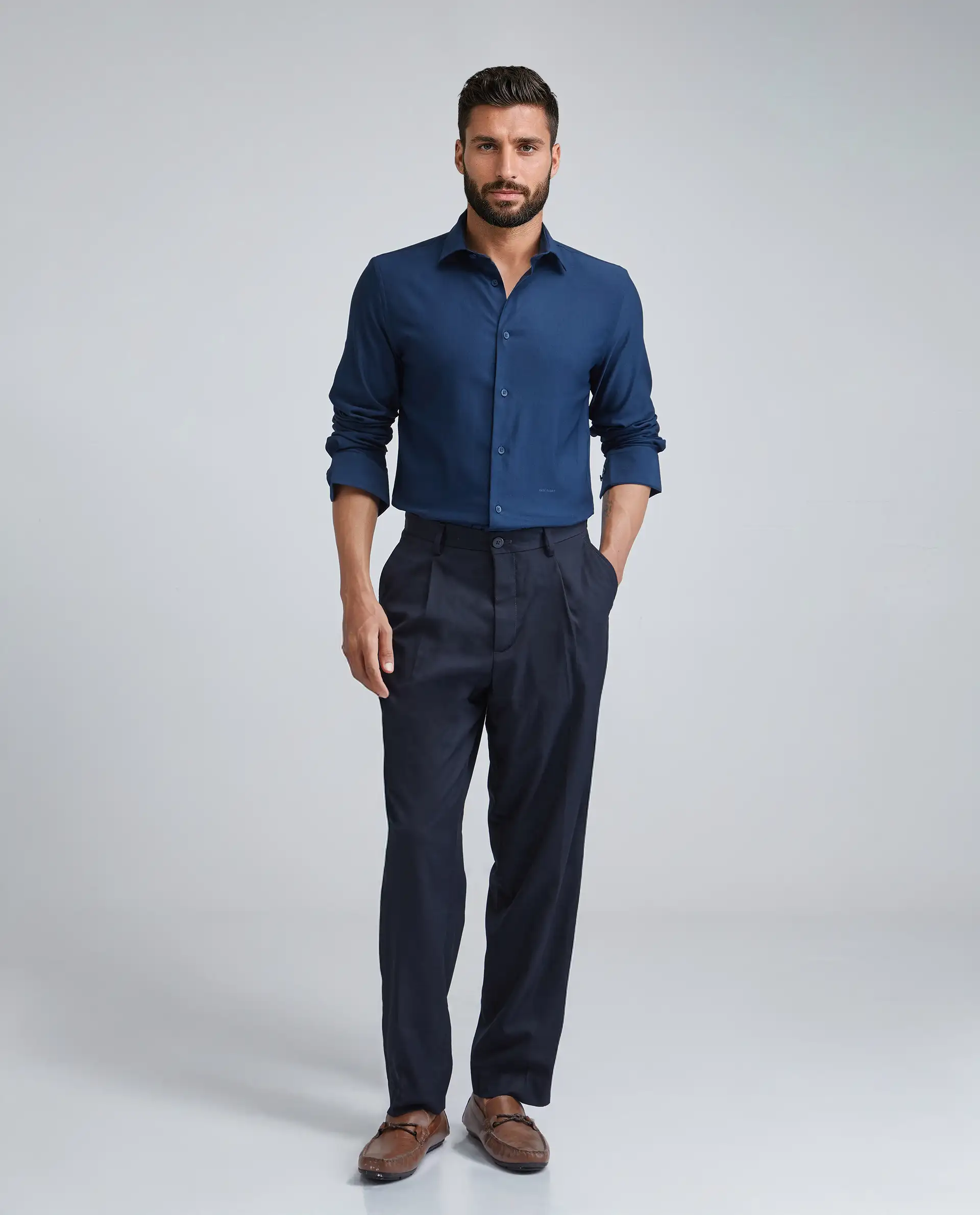 Rare Rabbit Men's Mero-25 Dark Blue Viscose Blend Plain Regular Fit Full Sleeve Collared Shirt - Image 3
