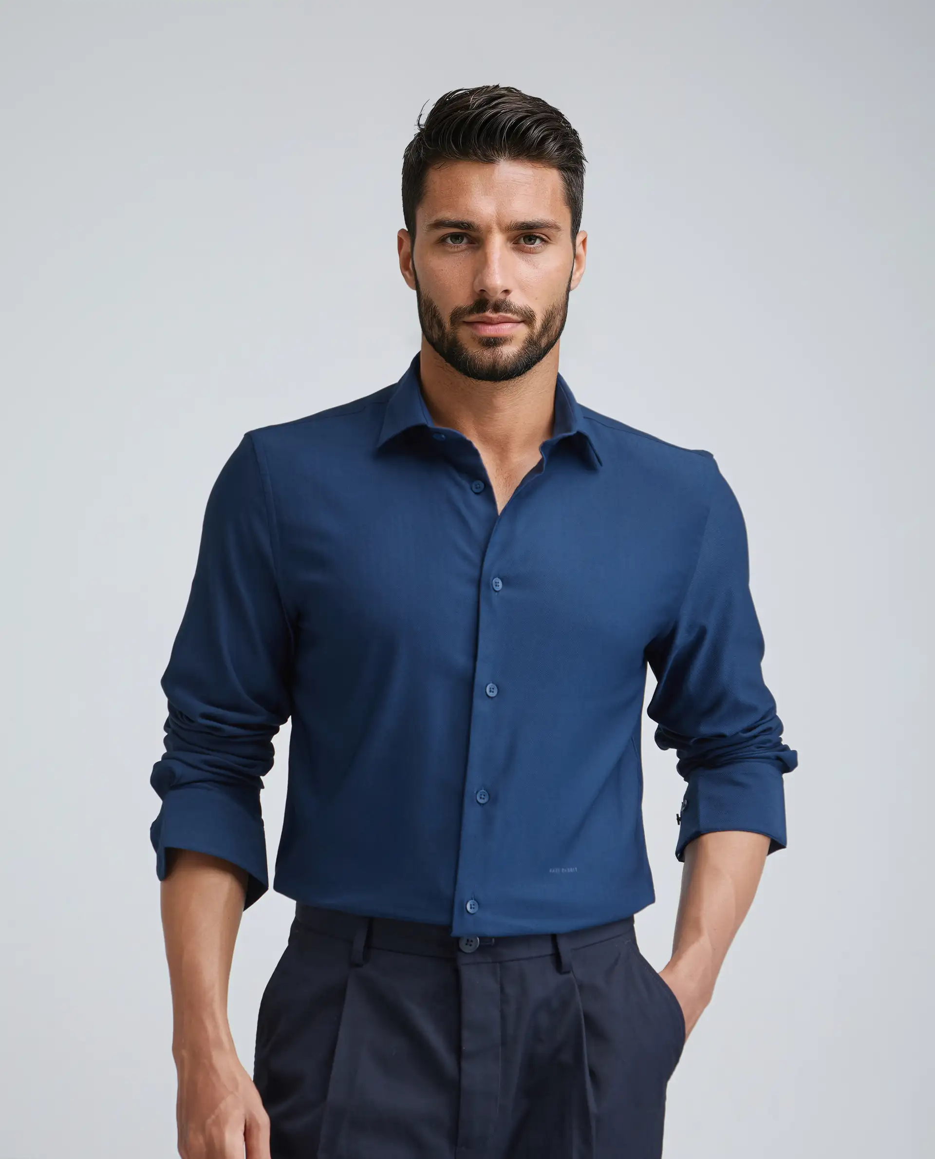 Rare Rabbit Men's Mero-25 Dark Blue Viscose Blend Plain Regular Fit Full Sleeve Collared Shirt - Image 4