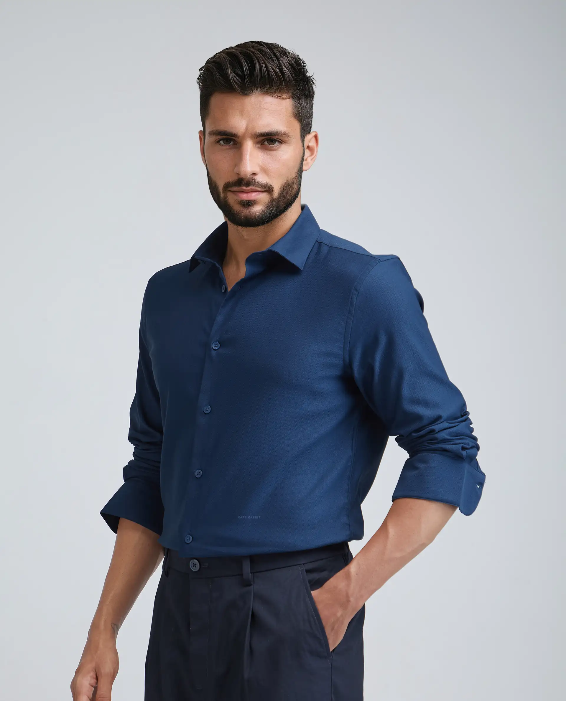 Rare Rabbit Men's Mero-25 Dark Blue Viscose Blend Plain Regular Fit Full Sleeve Collared Shirt - Image 5