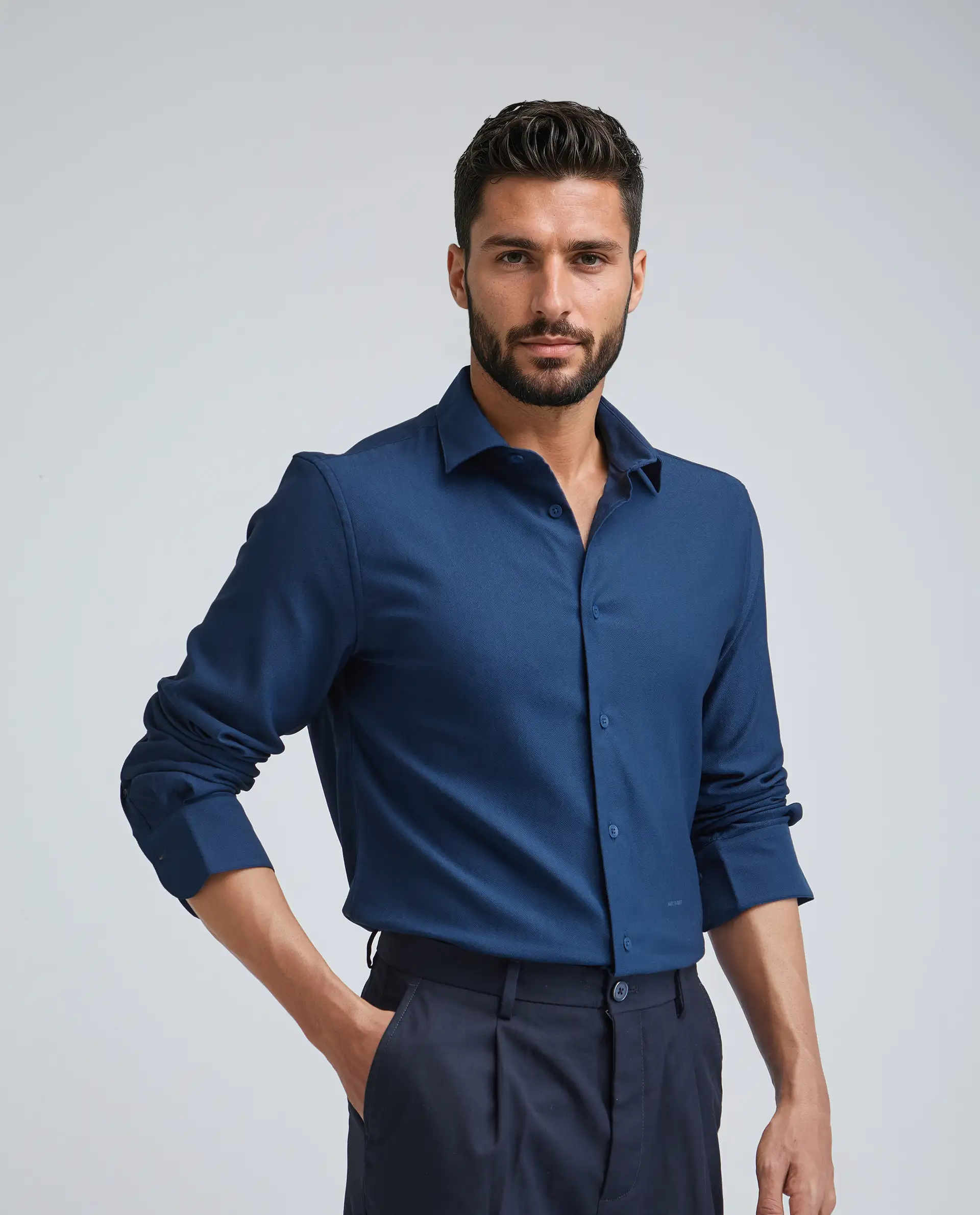 Rare Rabbit Men's Mero-25 Dark Blue Viscose Blend Plain Regular Fit Full Sleeve Collared Shirt - Image 6