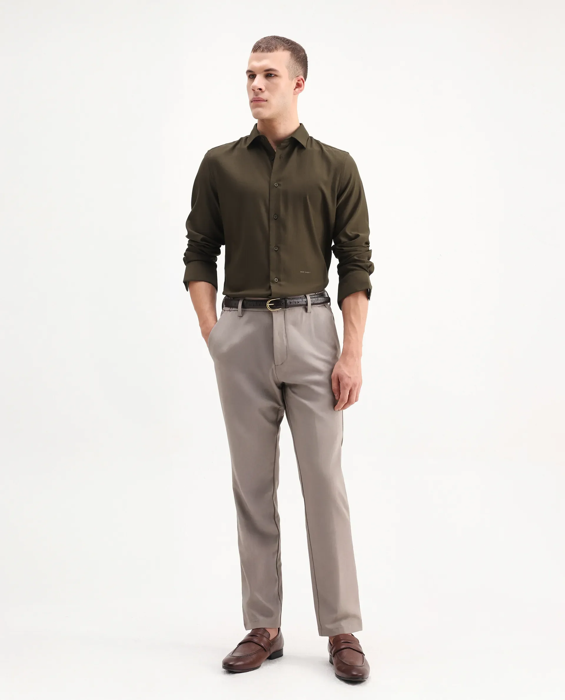 Rare Rabbit Men's Mero-25 Dark Olive Viscose Blend Striped Print Regular Fit Full Sleeve Collared Shirt - Image 2