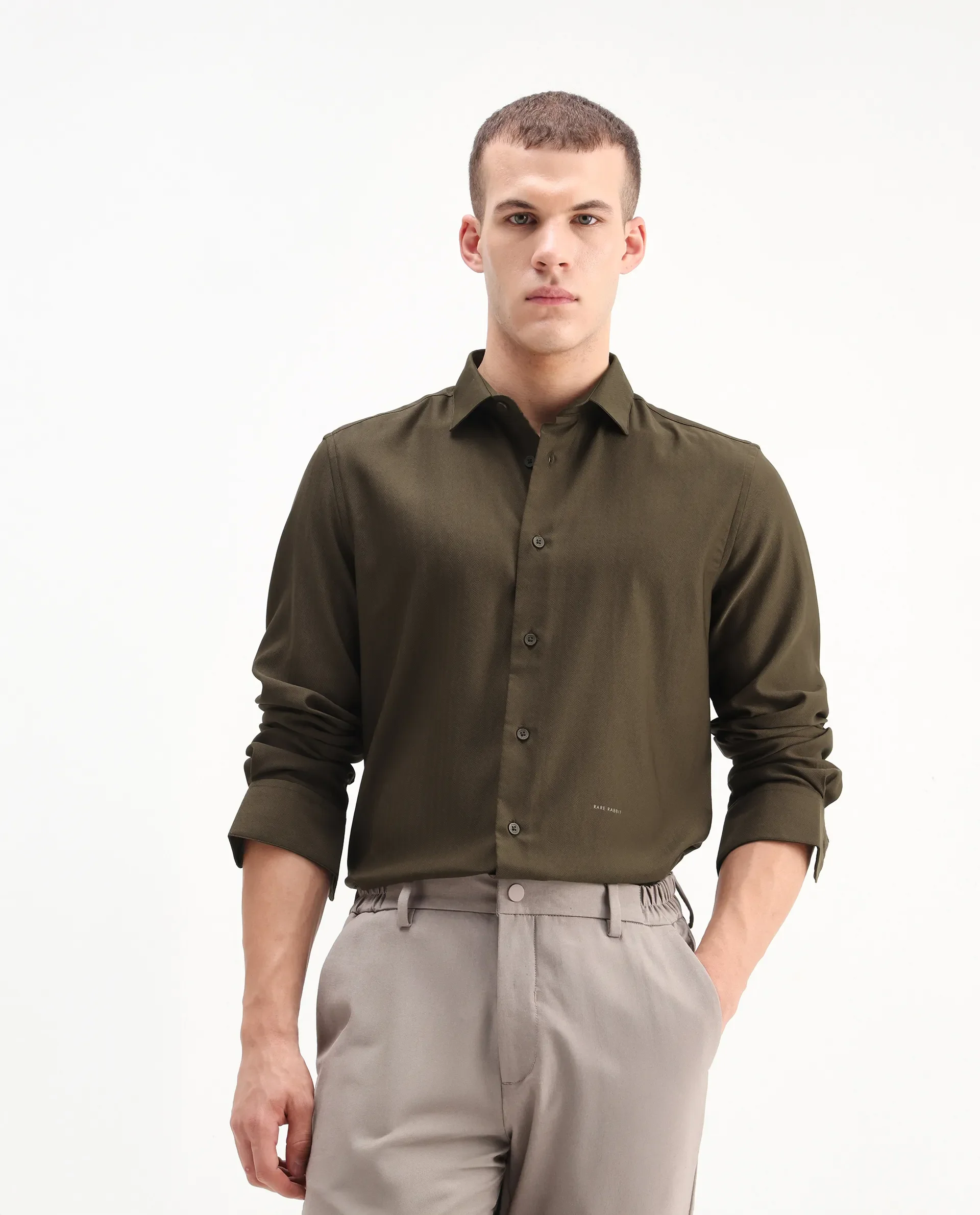 Rare Rabbit Men's Mero-25 Dark Olive Viscose Blend Striped Print Regular Fit Full Sleeve Collared Shirt - Image 4