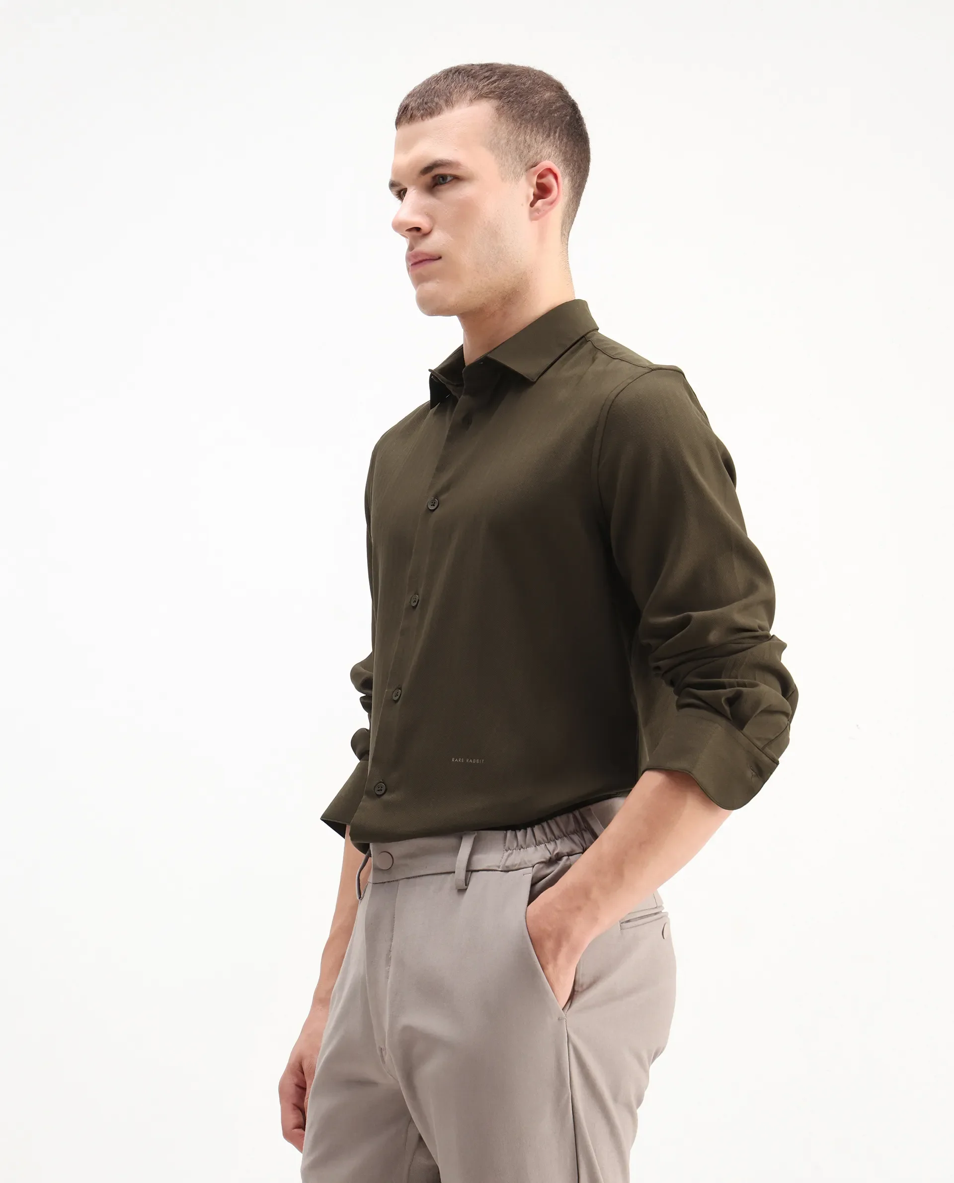Rare Rabbit Men's Mero-25 Dark Olive Viscose Blend Striped Print Regular Fit Full Sleeve Collared Shirt - Image 5