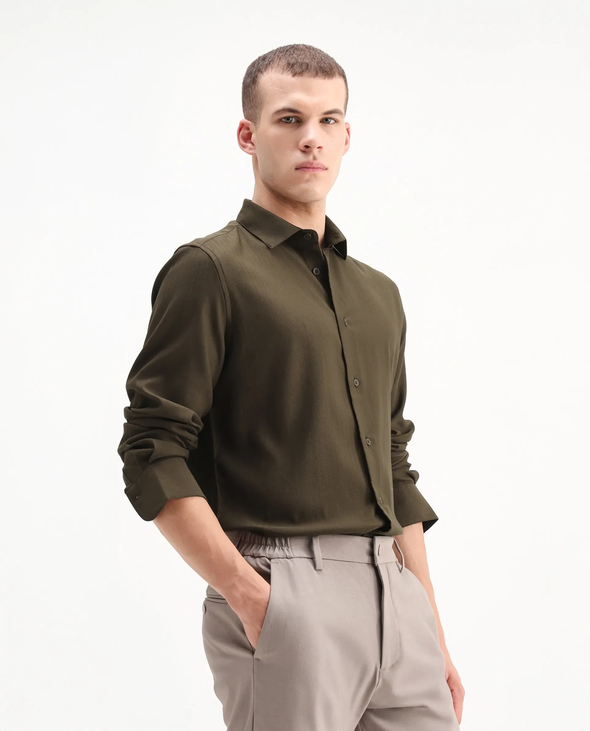 Rare Rabbit Men's Mero-25 Dark Olive Viscose Blend Striped Print Regular Fit Full Sleeve Collared Shirt - Image 6
