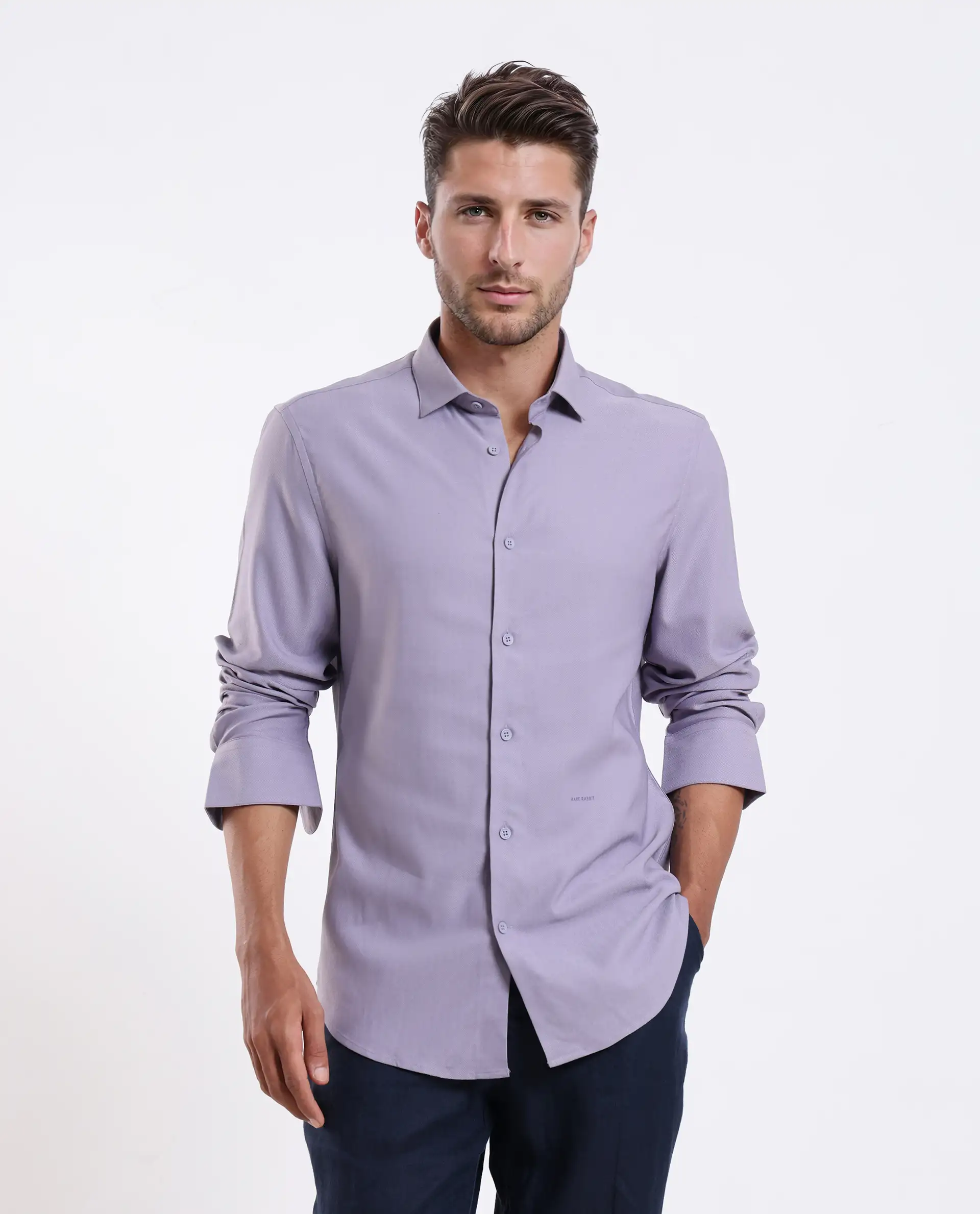 Rare Rabbit Men's Mero-25 Light Purple Viscose Blend Striped Print Regular Fit Full Sleeve Collared Shirt - Image 4