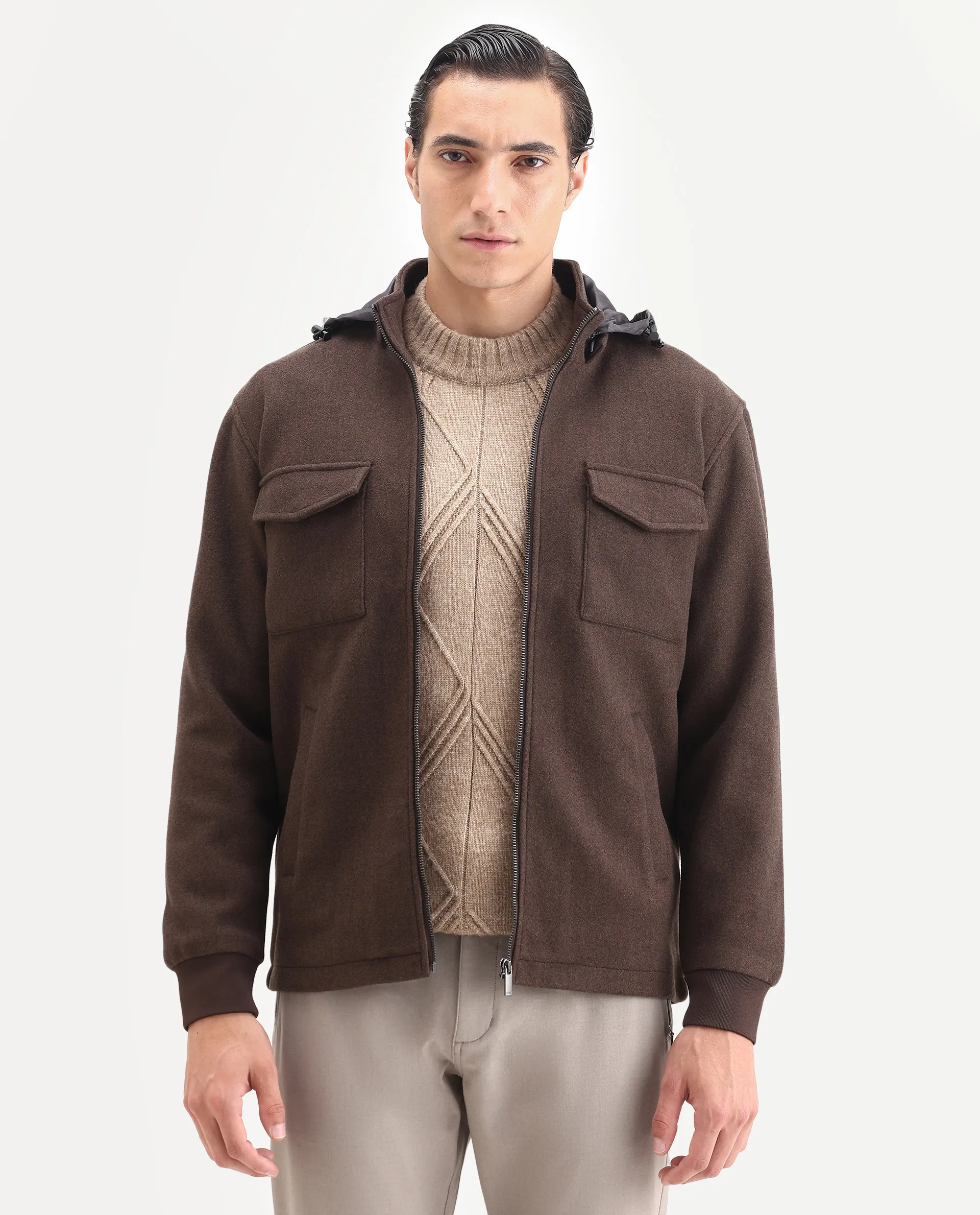 Rare Rabbit Men's Meron-25 Dark Brown Polyester Textured Relaxed Fit Full Sleeve Hooded Jacket - Image 4