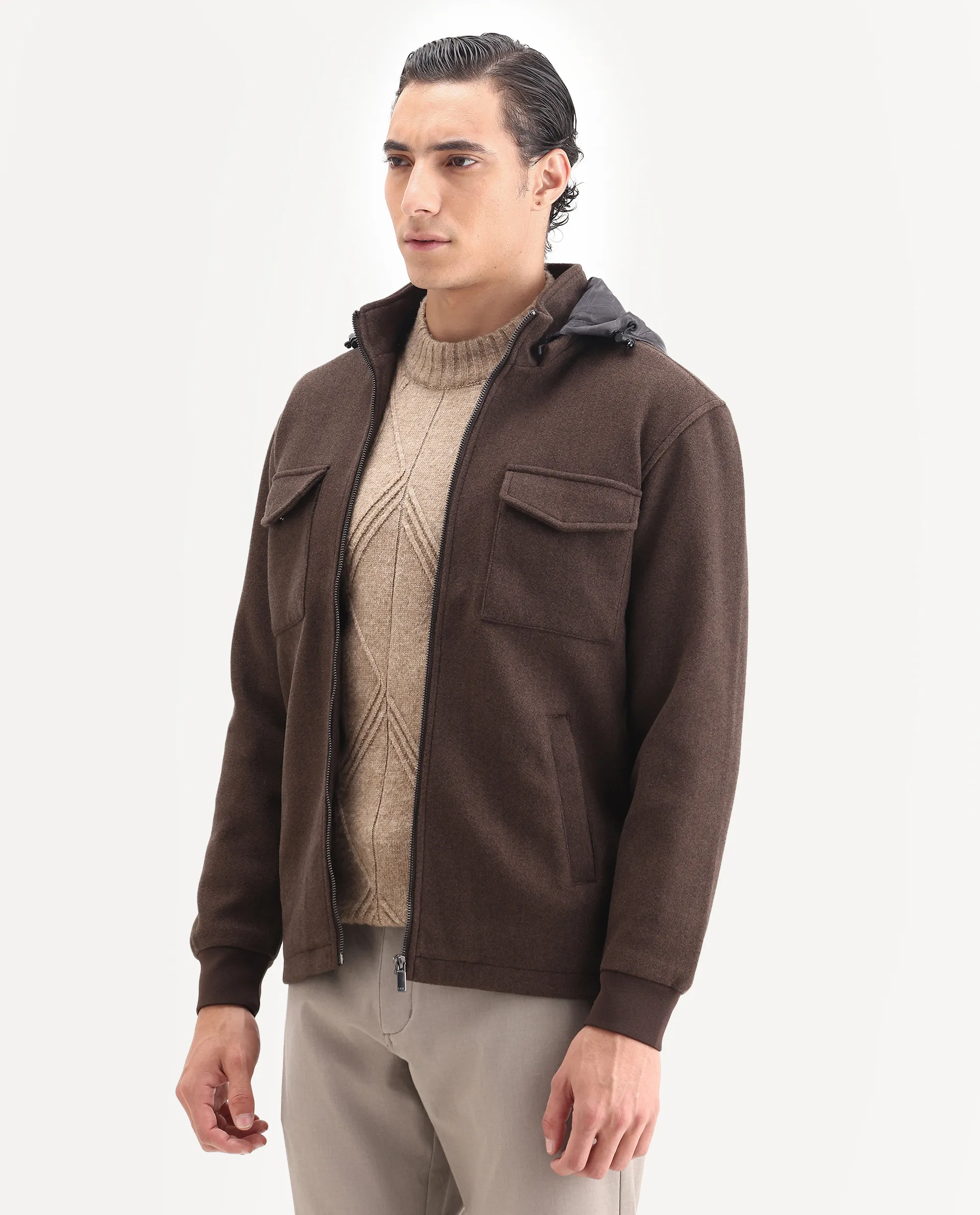 Rare Rabbit Men's Meron-25 Dark Brown Polyester Textured Relaxed Fit Full Sleeve Hooded Jacket - Image 5