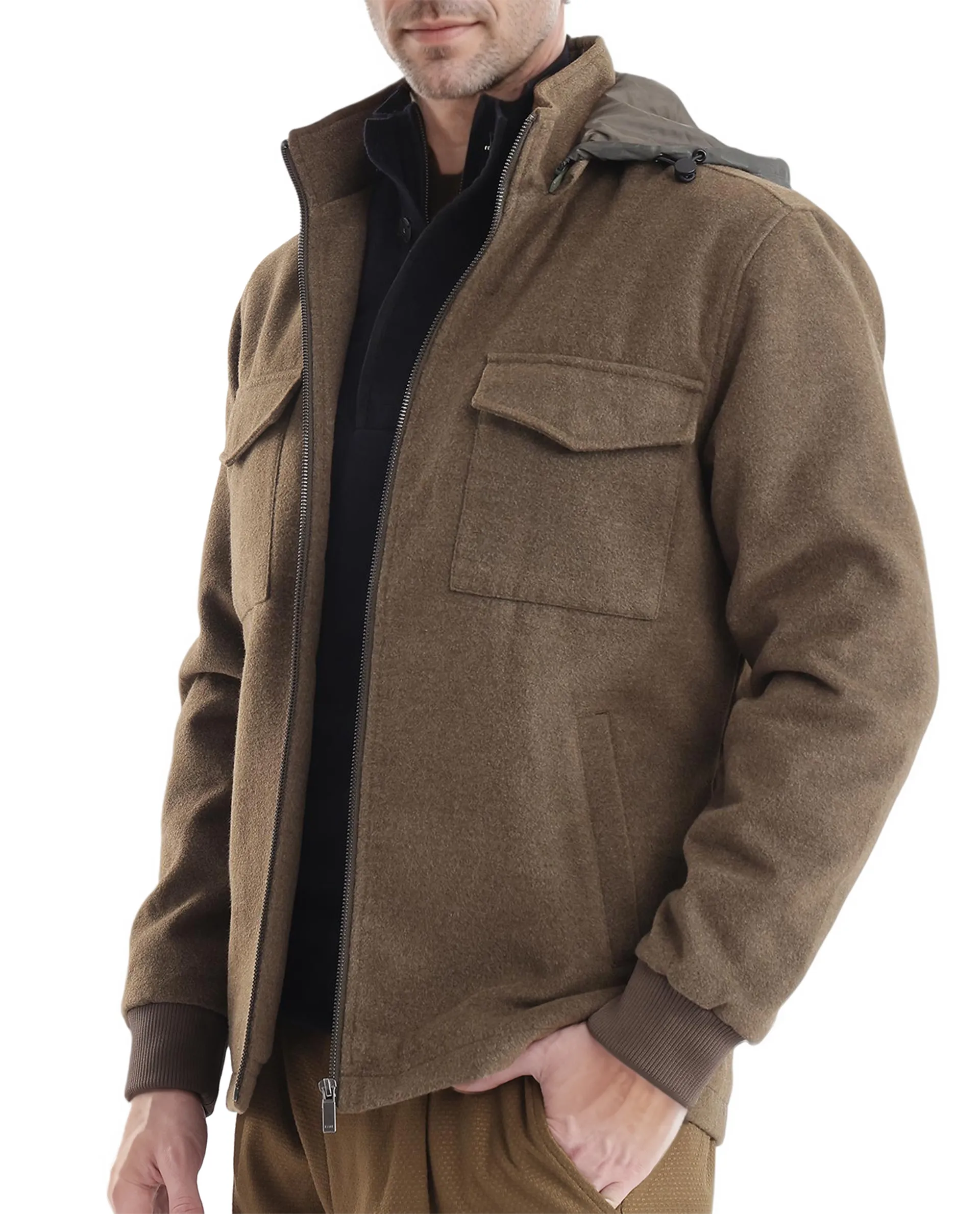 Rare Rabbit Men's Meron Olive Polyester Textured Relaxed Fit Full Sleeve Hooded Jacket - Image 3