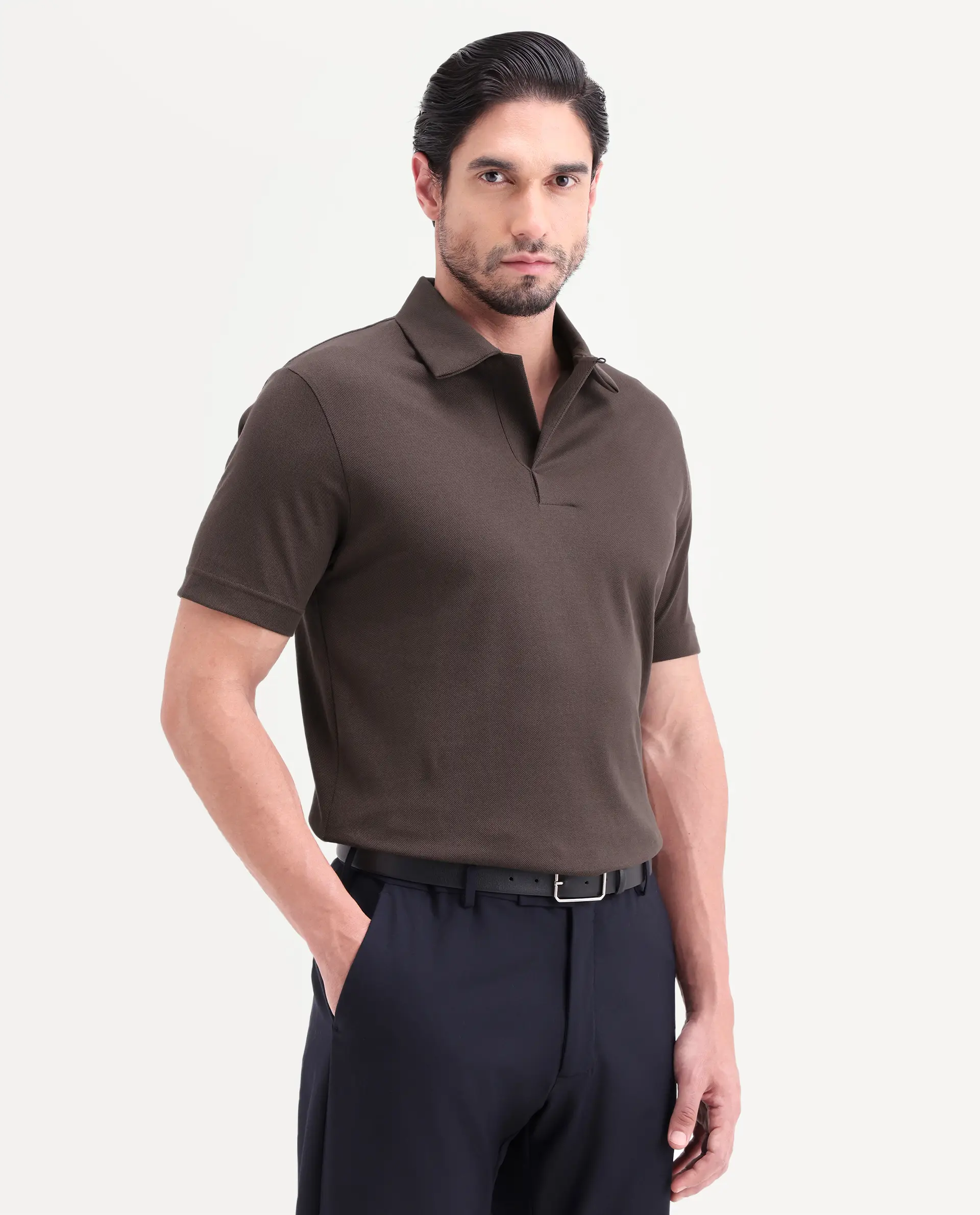 Rare Rabbit Men's Mers Brown Cotton Fabric Half Sleeve Spread Collar Regular Fit Plain Polo - Image 4