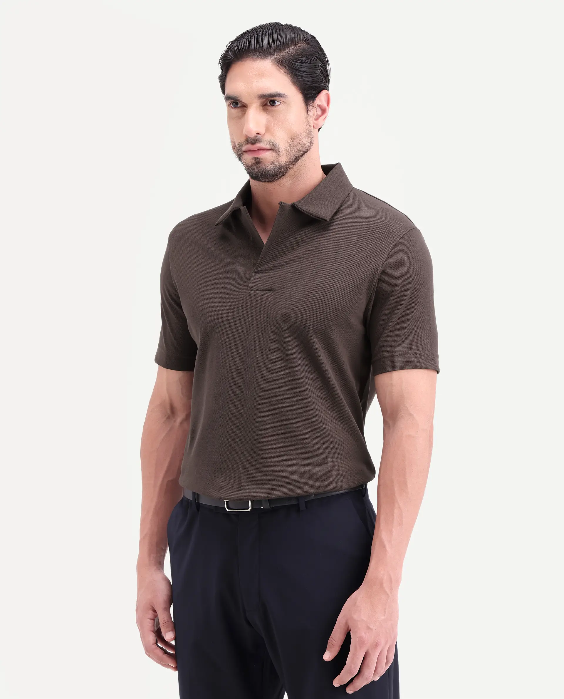 Rare Rabbit Men's Mers Brown Cotton Fabric Half Sleeve Spread Collar Regular Fit Plain Polo - Image 5