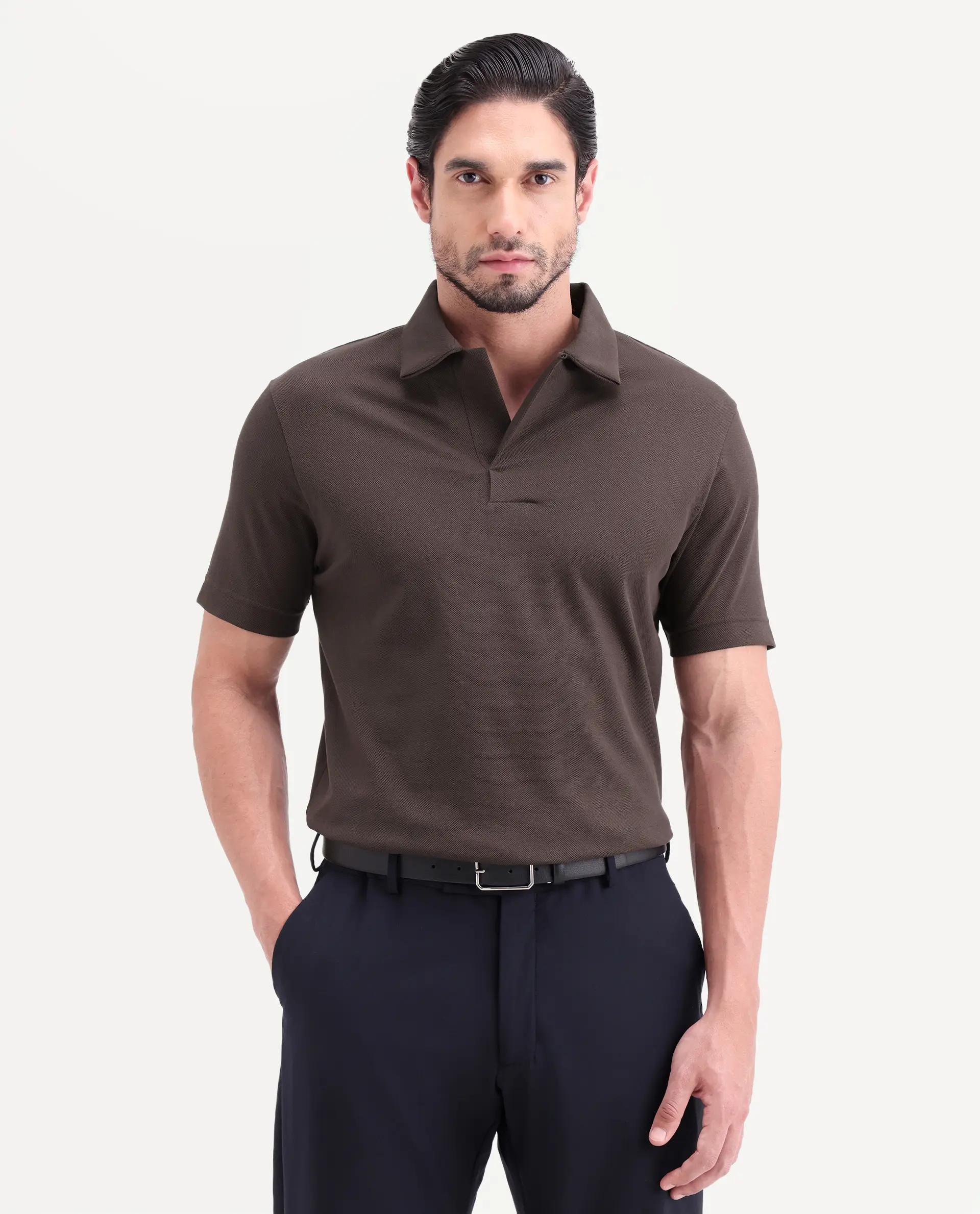 Rare Rabbit Men's Mers Brown Cotton Fabric Half Sleeve Spread Collar Regular Fit Plain Polo - Image 6