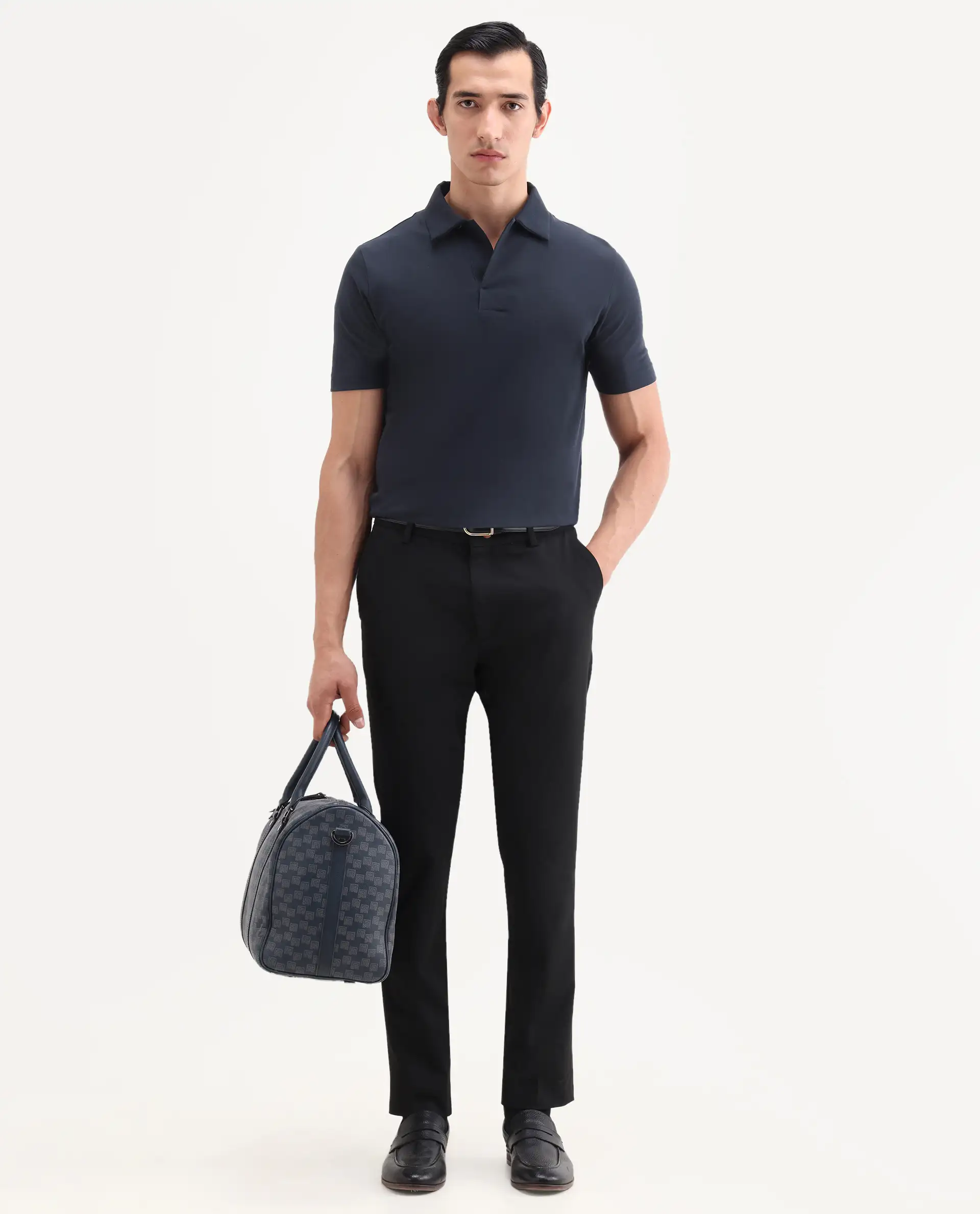 Rare Rabbit Men's Mers Dark Navy Cotton Fabric Half Sleeve Spread Collar Regular Fit Plain Polo - Image 2