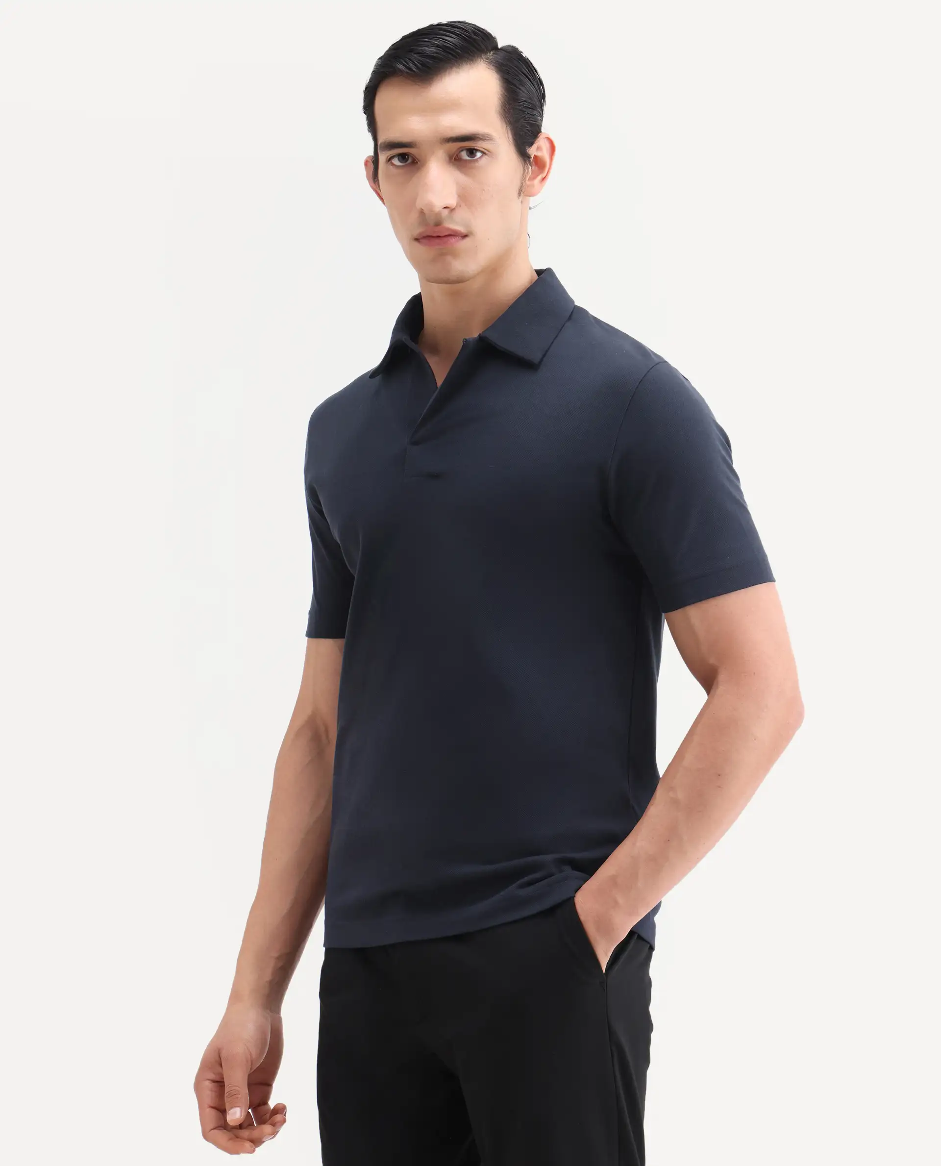 Rare Rabbit Men's Mers Dark Navy Cotton Fabric Half Sleeve Spread Collar Regular Fit Plain Polo - Image 4