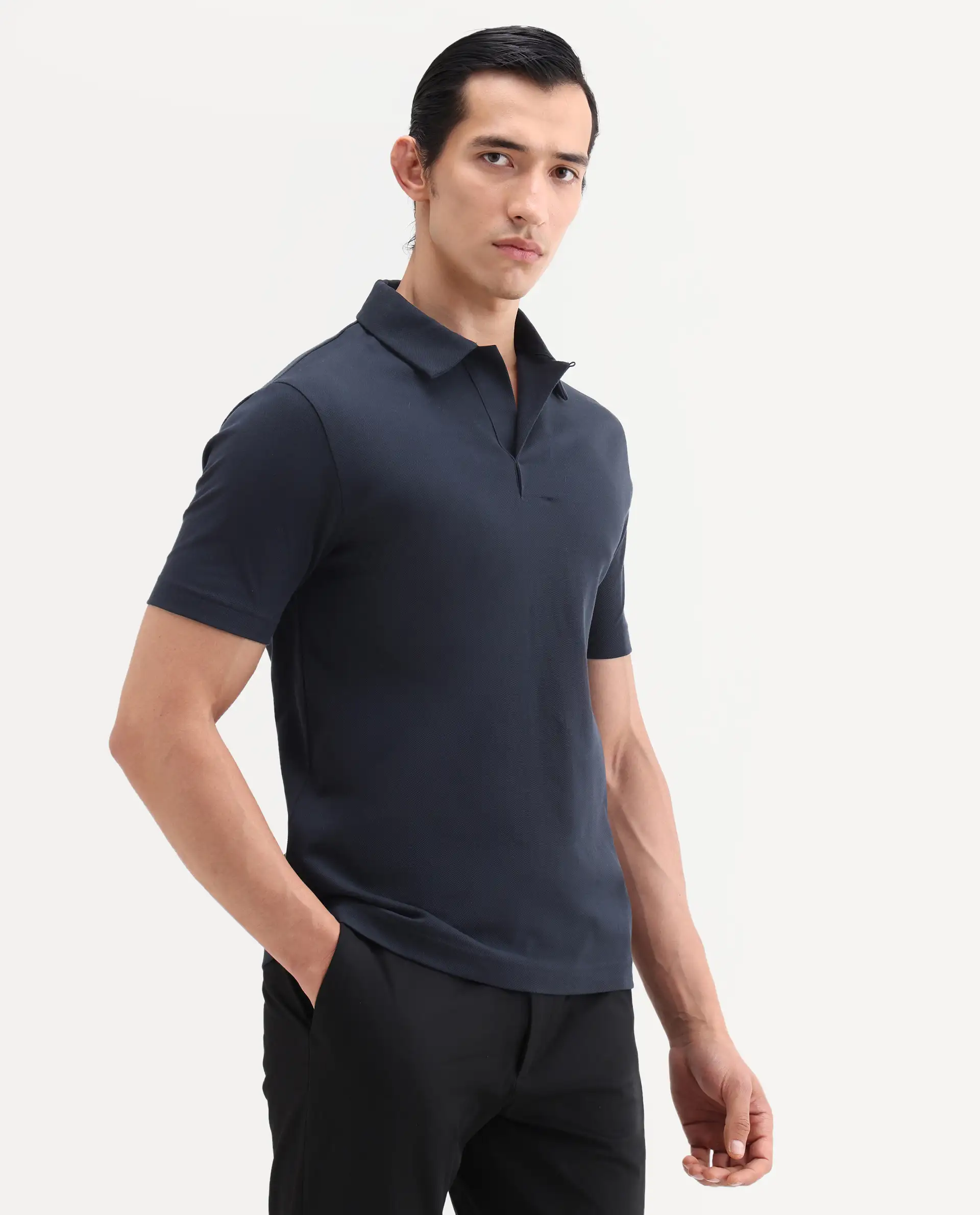 Rare Rabbit Men's Mers Dark Navy Cotton Fabric Half Sleeve Spread Collar Regular Fit Plain Polo - Image 5