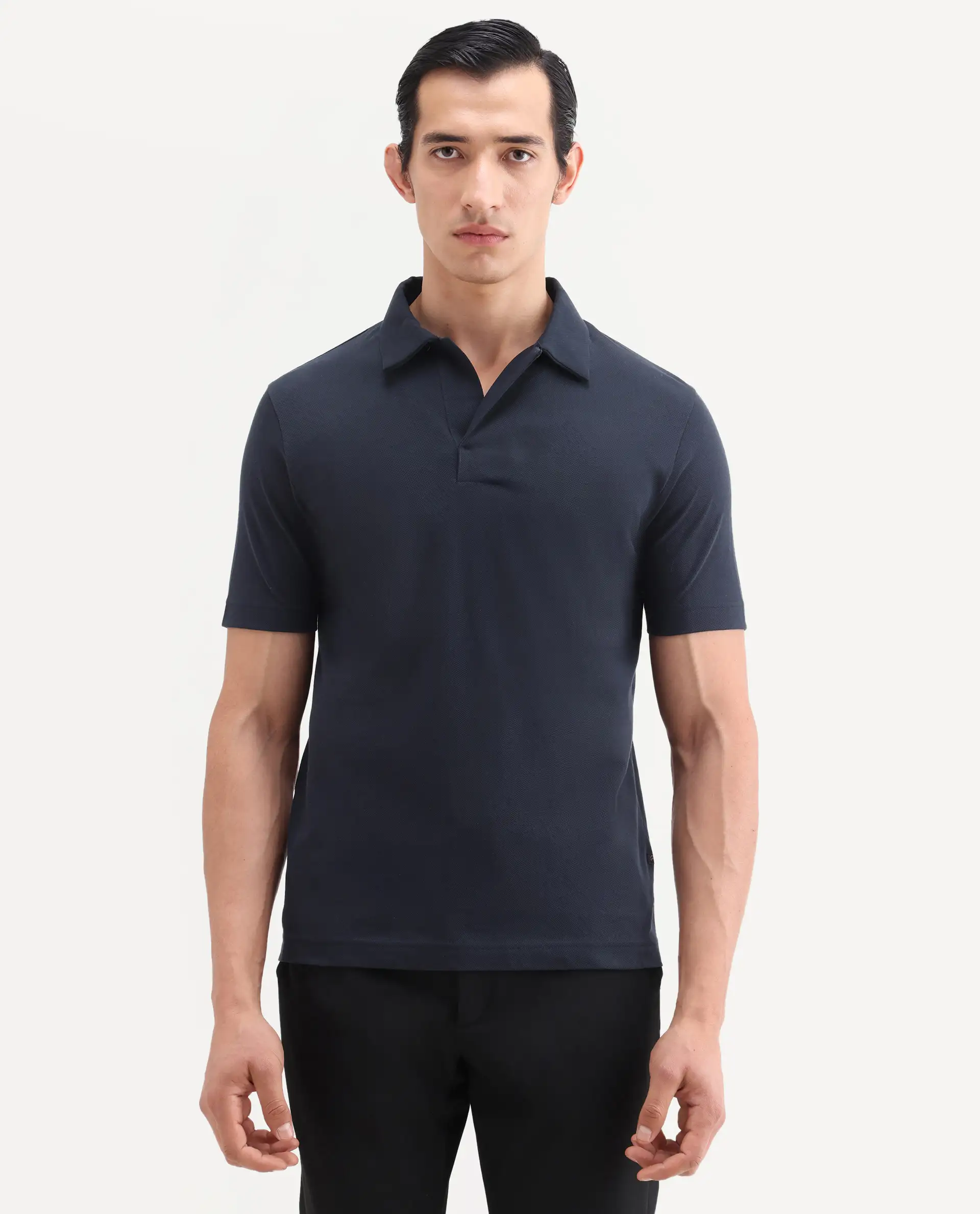 Rare Rabbit Men's Mers Dark Navy Cotton Fabric Half Sleeve Spread Collar Regular Fit Plain Polo - Image 6