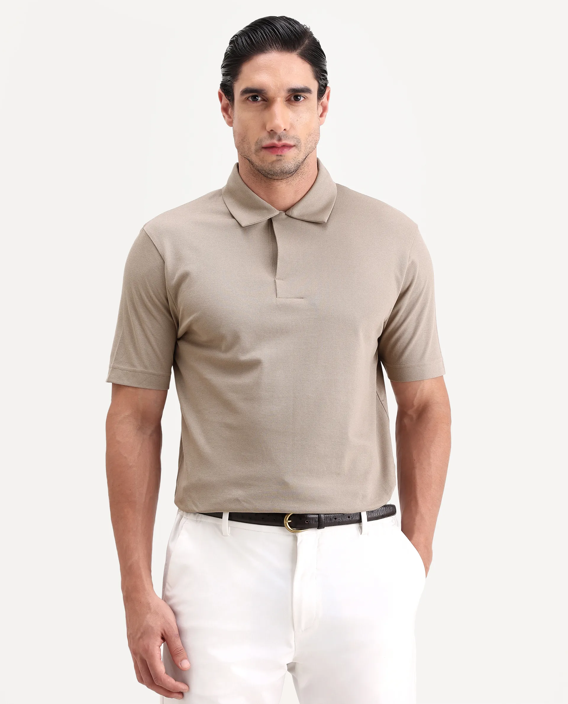 Rare Rabbit Men's Mers Dusky Beige Cotton Fabric Half Sleeve Spread Collar Regular Fit Plain Polo