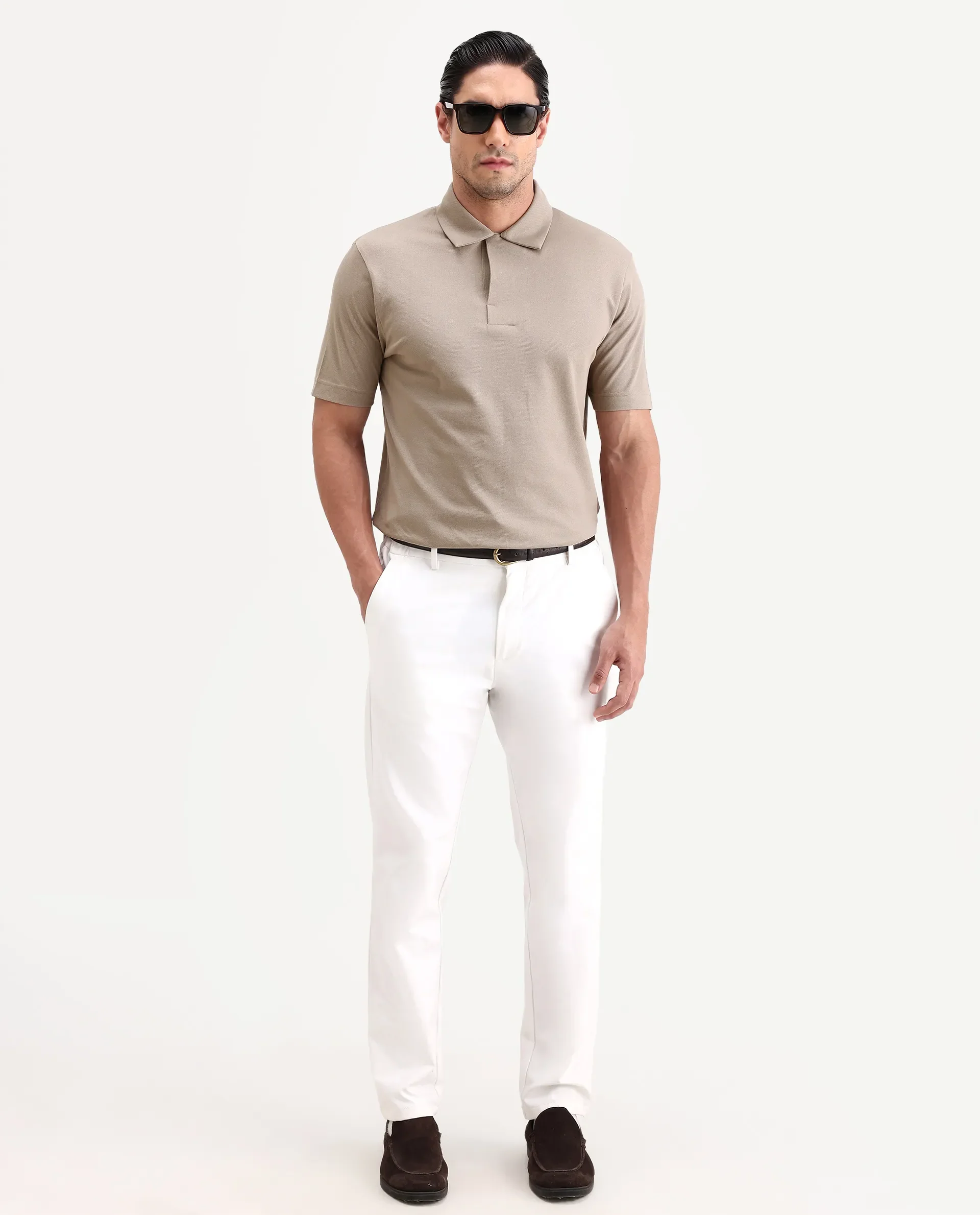 Rare Rabbit Men's Mers Dusky Beige Cotton Fabric Half Sleeve Spread Collar Regular Fit Plain Polo - Image 2
