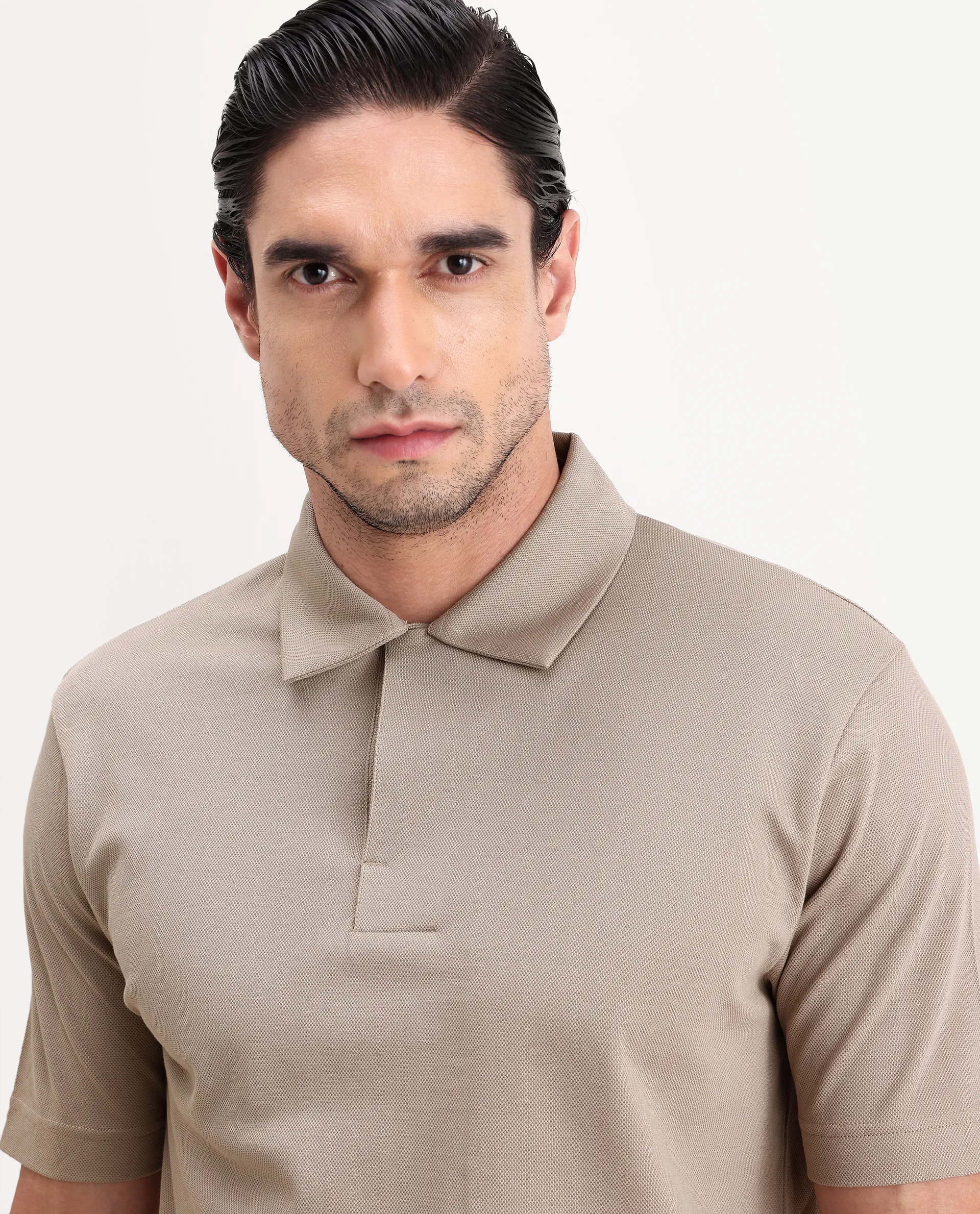 Rare Rabbit Men's Mers Dusky Beige Cotton Fabric Half Sleeve Spread Collar Regular Fit Plain Polo - Image 3