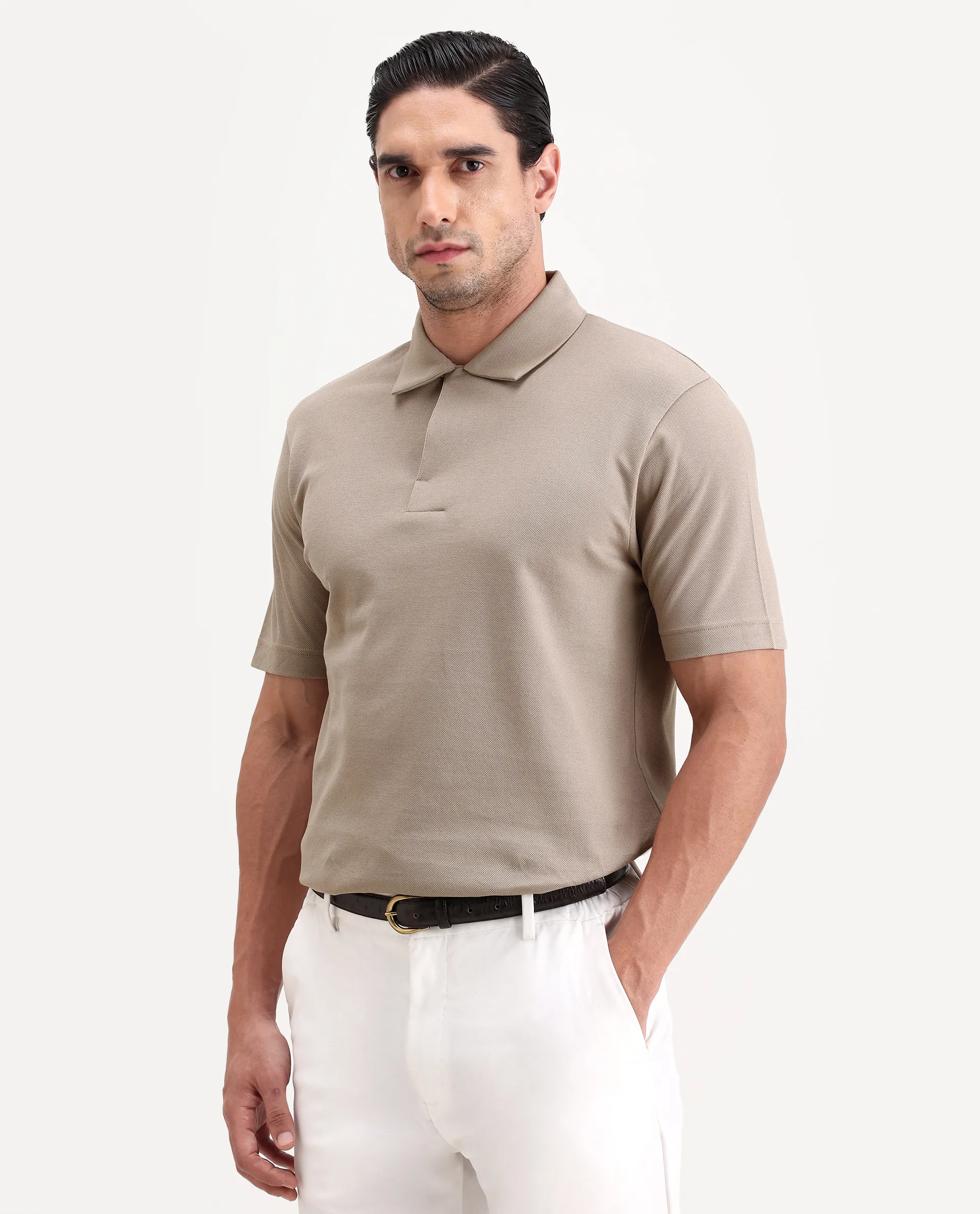 Rare Rabbit Men's Mers Dusky Beige Cotton Fabric Half Sleeve Spread Collar Regular Fit Plain Polo - Image 4