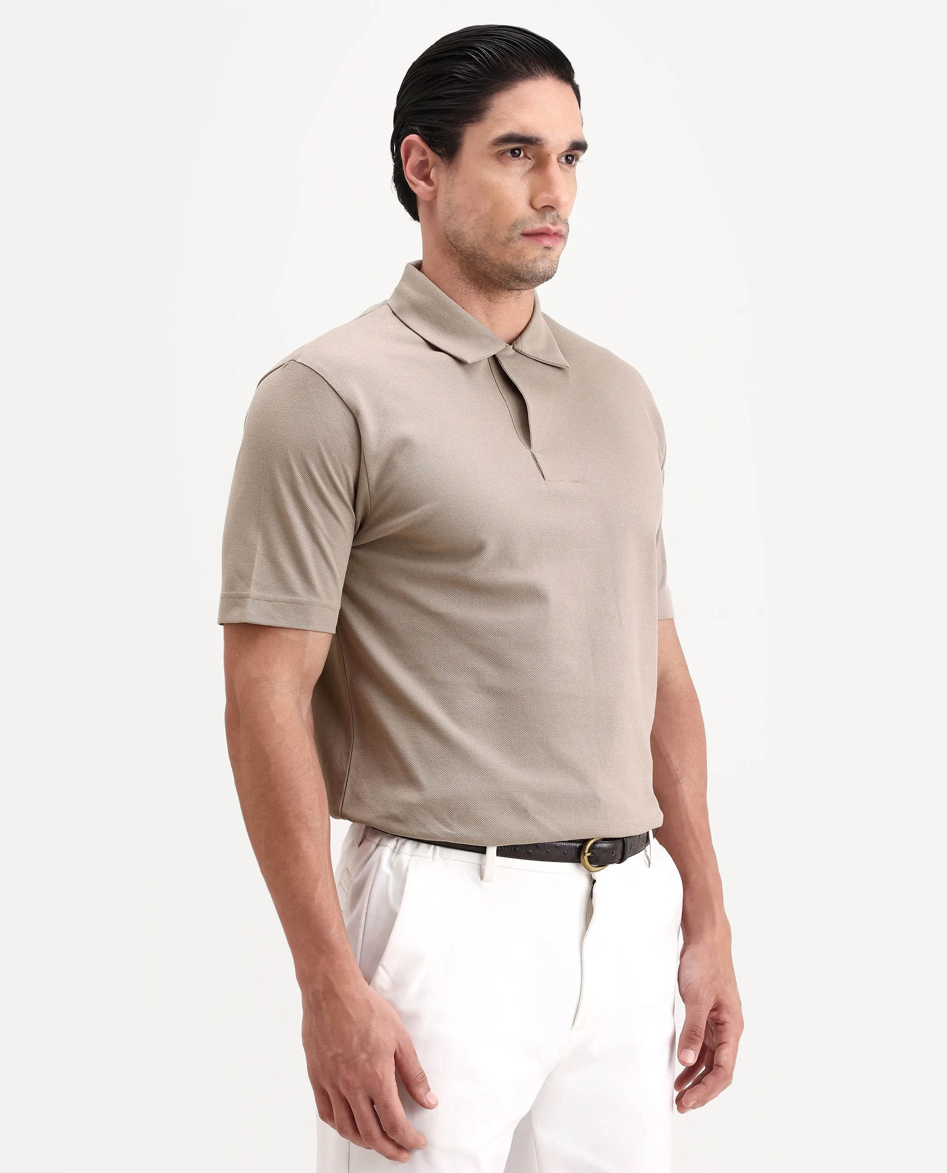 Rare Rabbit Men's Mers Dusky Beige Cotton Fabric Half Sleeve Spread Collar Regular Fit Plain Polo - Image 5