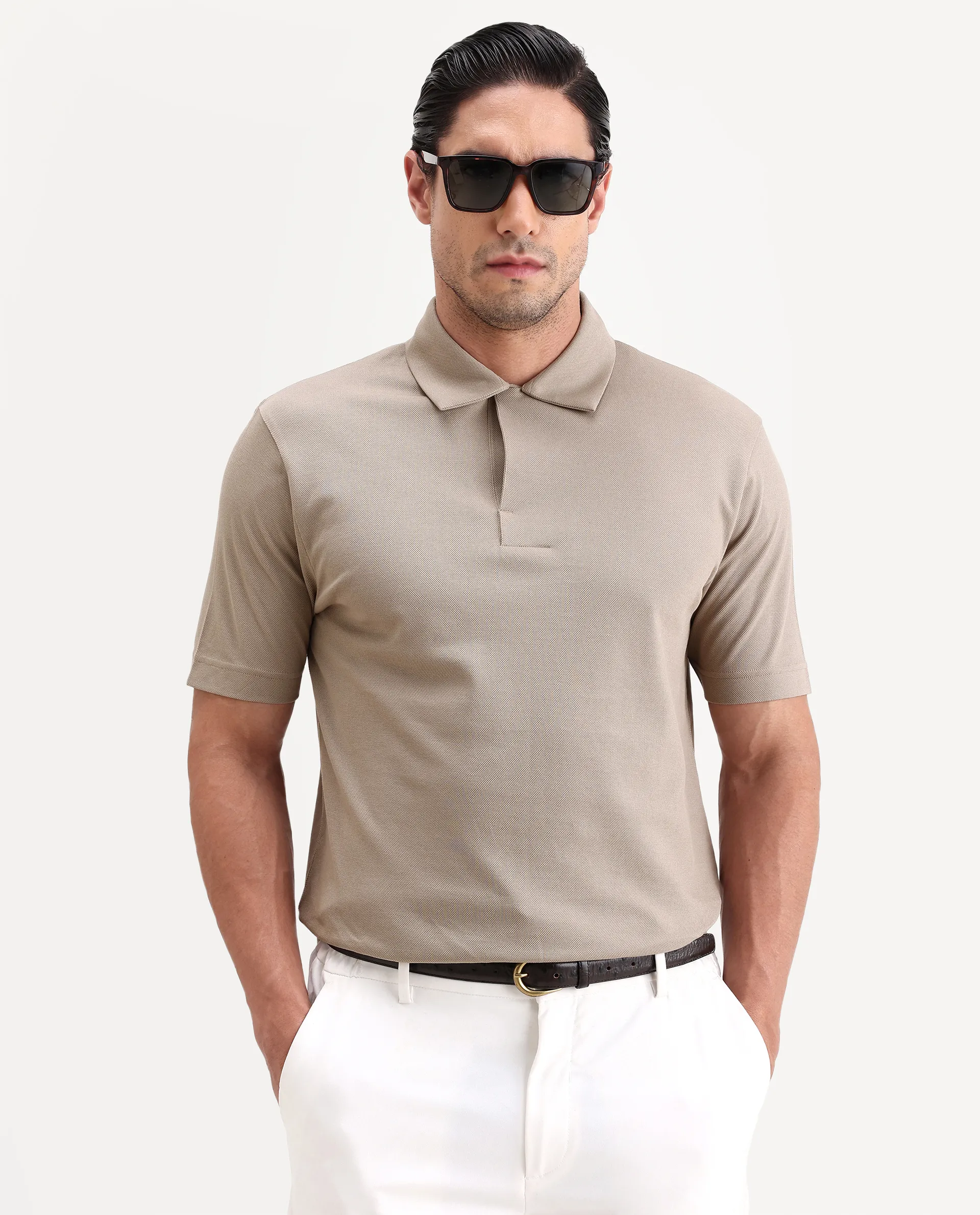 Rare Rabbit Men's Mers Dusky Beige Cotton Fabric Half Sleeve Spread Collar Regular Fit Plain Polo - Image 6
