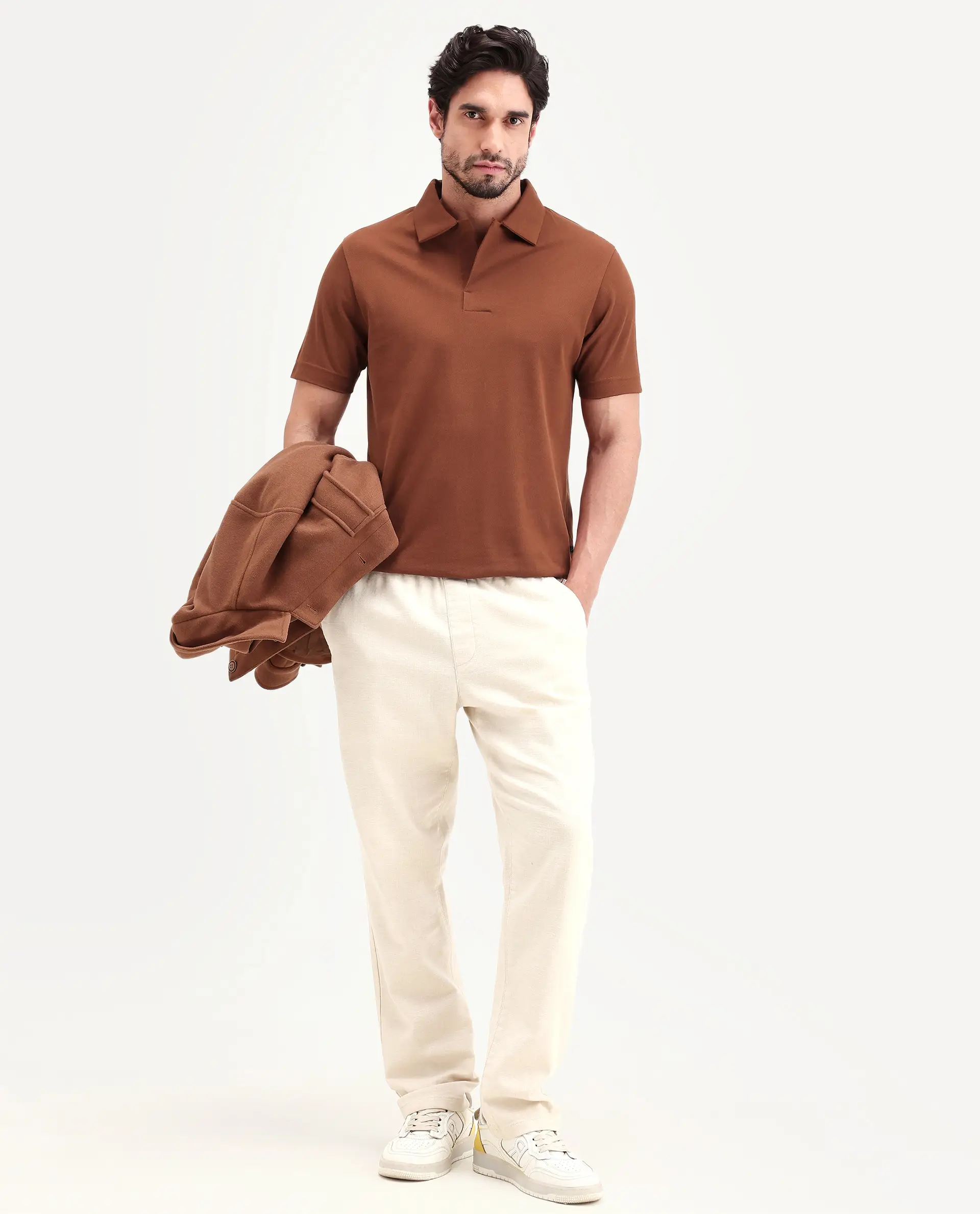 Rare Rabbit Men's Mers Rust Cotton Fabric Half Sleeve Spread Collar Regular Fit Plain Polo - Image 2