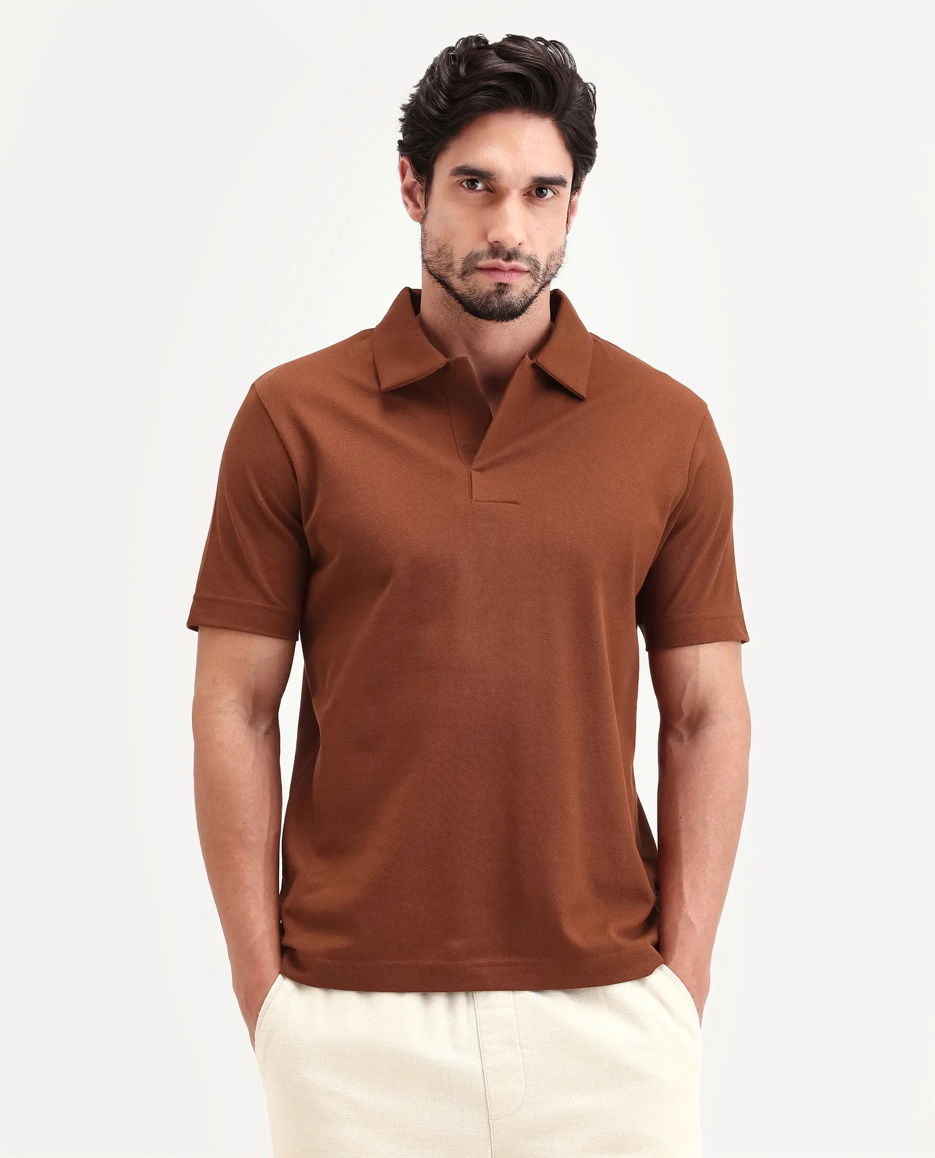Rare Rabbit Men's Mers Rust Cotton Fabric Half Sleeve Spread Collar Regular Fit Plain Polo - Image 4