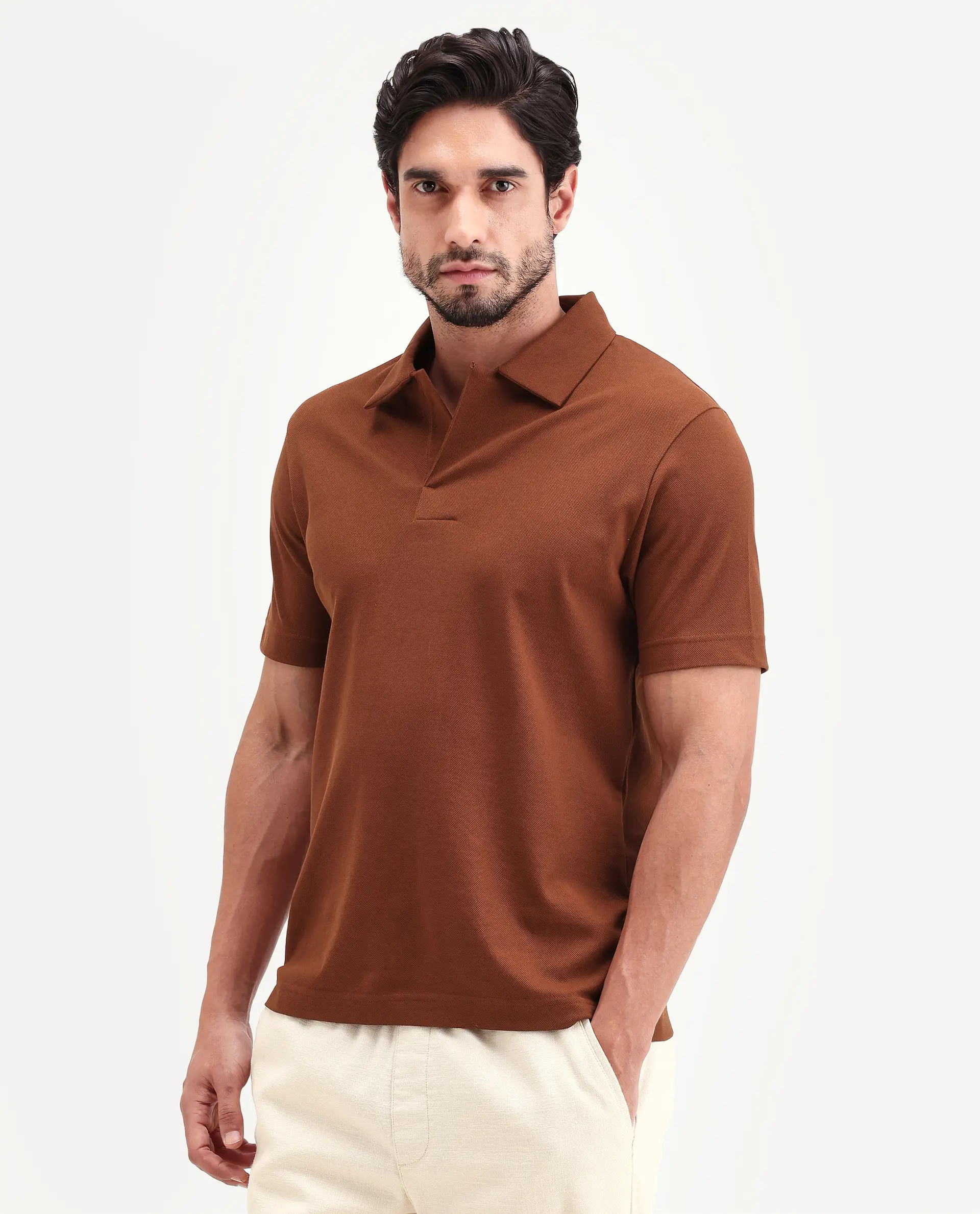 Rare Rabbit Men's Mers Rust Cotton Fabric Half Sleeve Spread Collar Regular Fit Plain Polo - Image 5