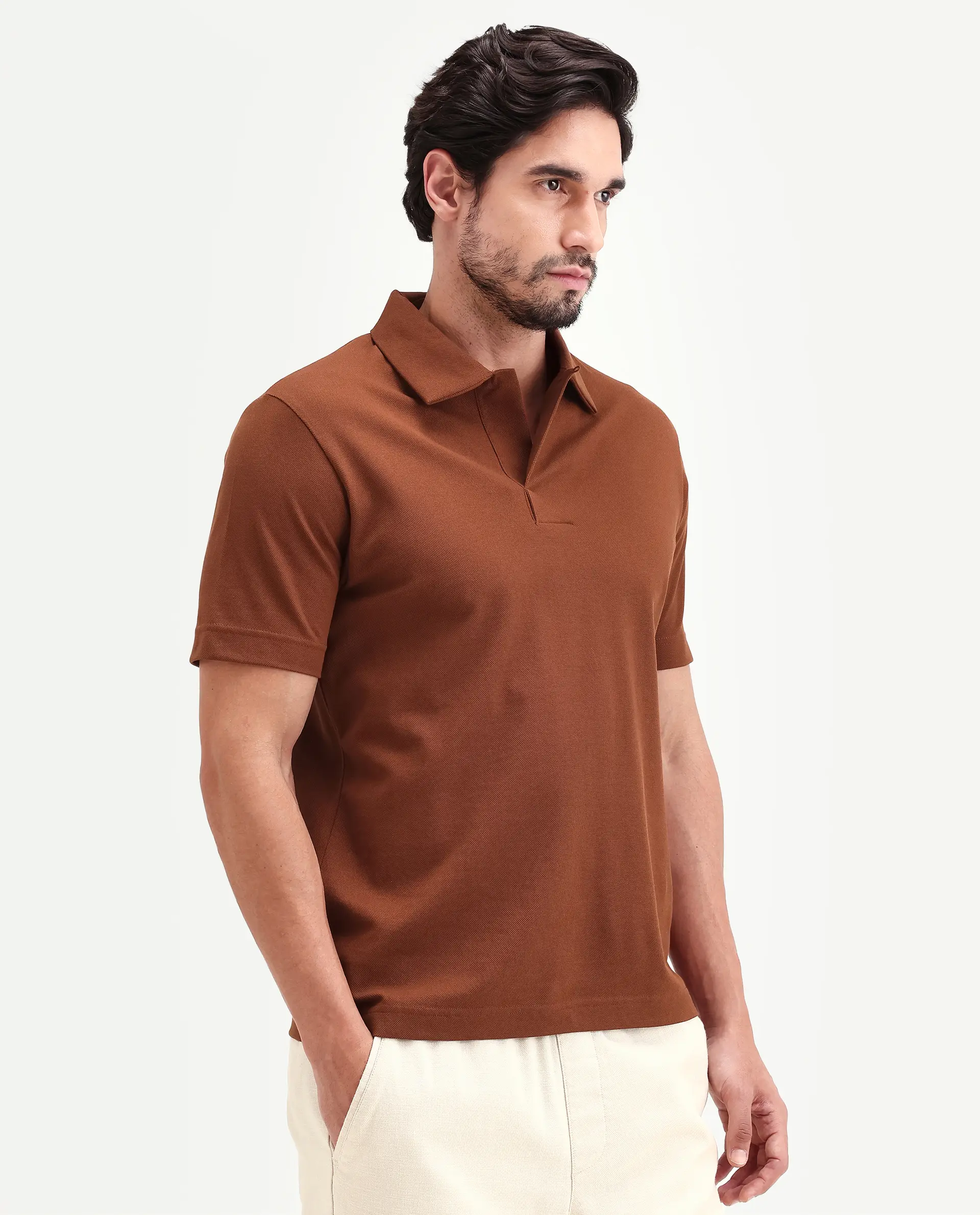 Rare Rabbit Men's Mers Rust Cotton Fabric Half Sleeve Spread Collar Regular Fit Plain Polo - Image 6