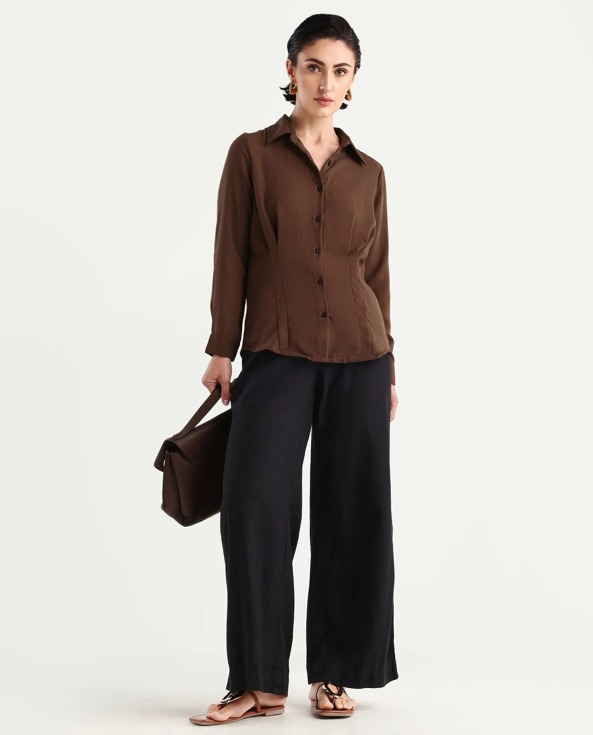 Rareism Women's Mersin Brown Polyester Spread Collar Plain Cuffed Sleeve Regular Fit Top - Image 2
