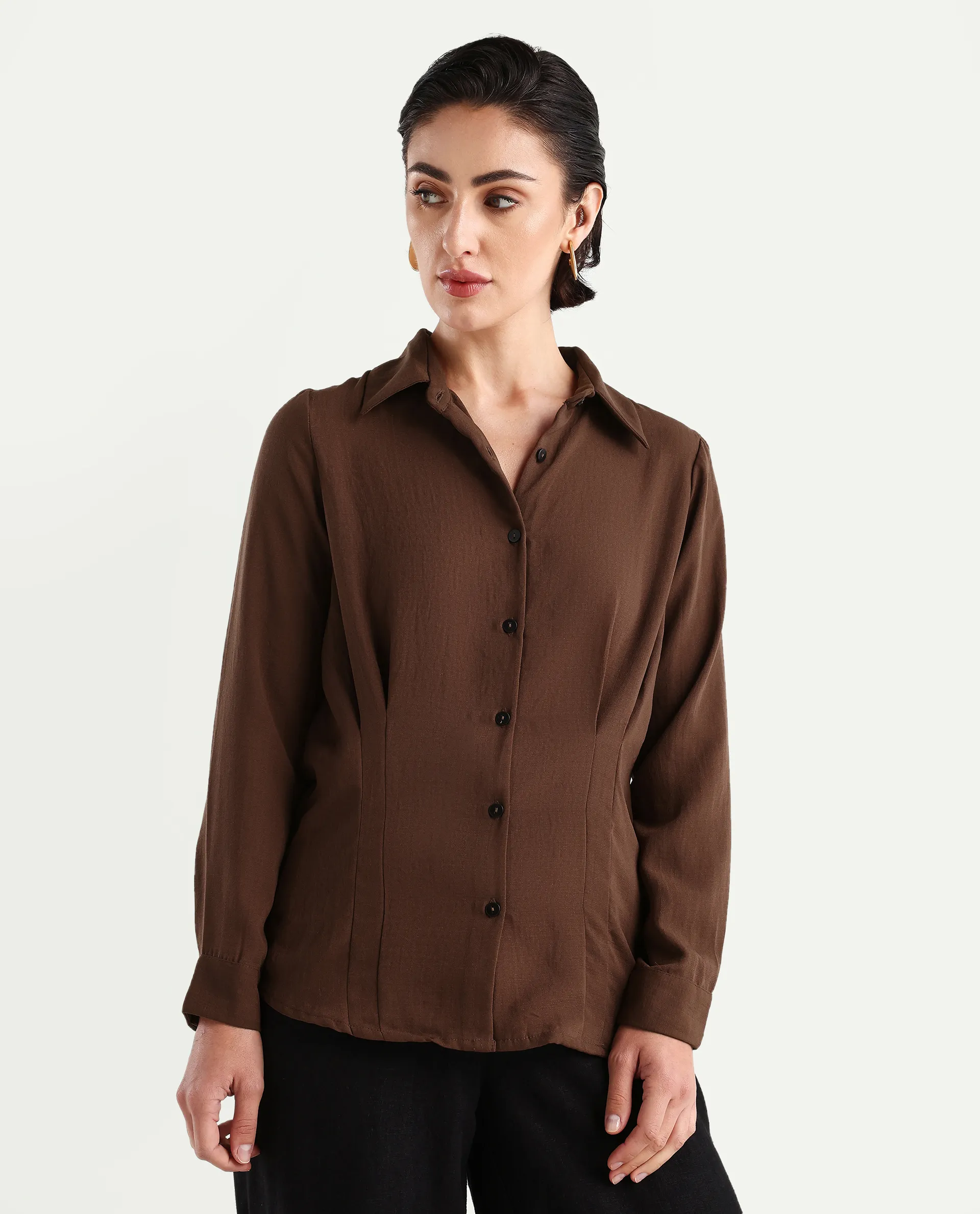 Rareism Women's Mersin Brown Polyester Spread Collar Plain Cuffed Sleeve Regular Fit Top - Image 3