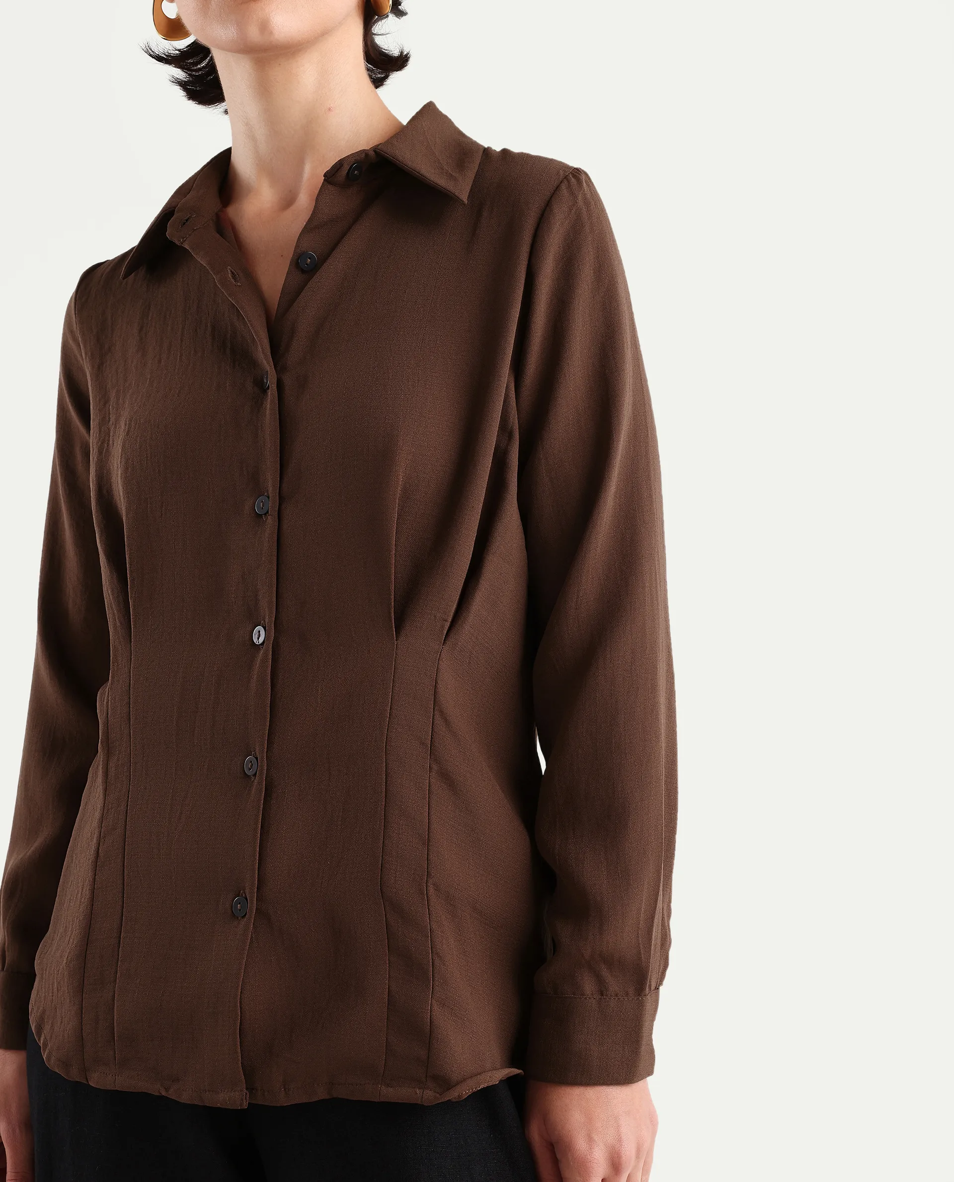 Rareism Women's Mersin Brown Polyester Spread Collar Plain Cuffed Sleeve Regular Fit Top - Image 4