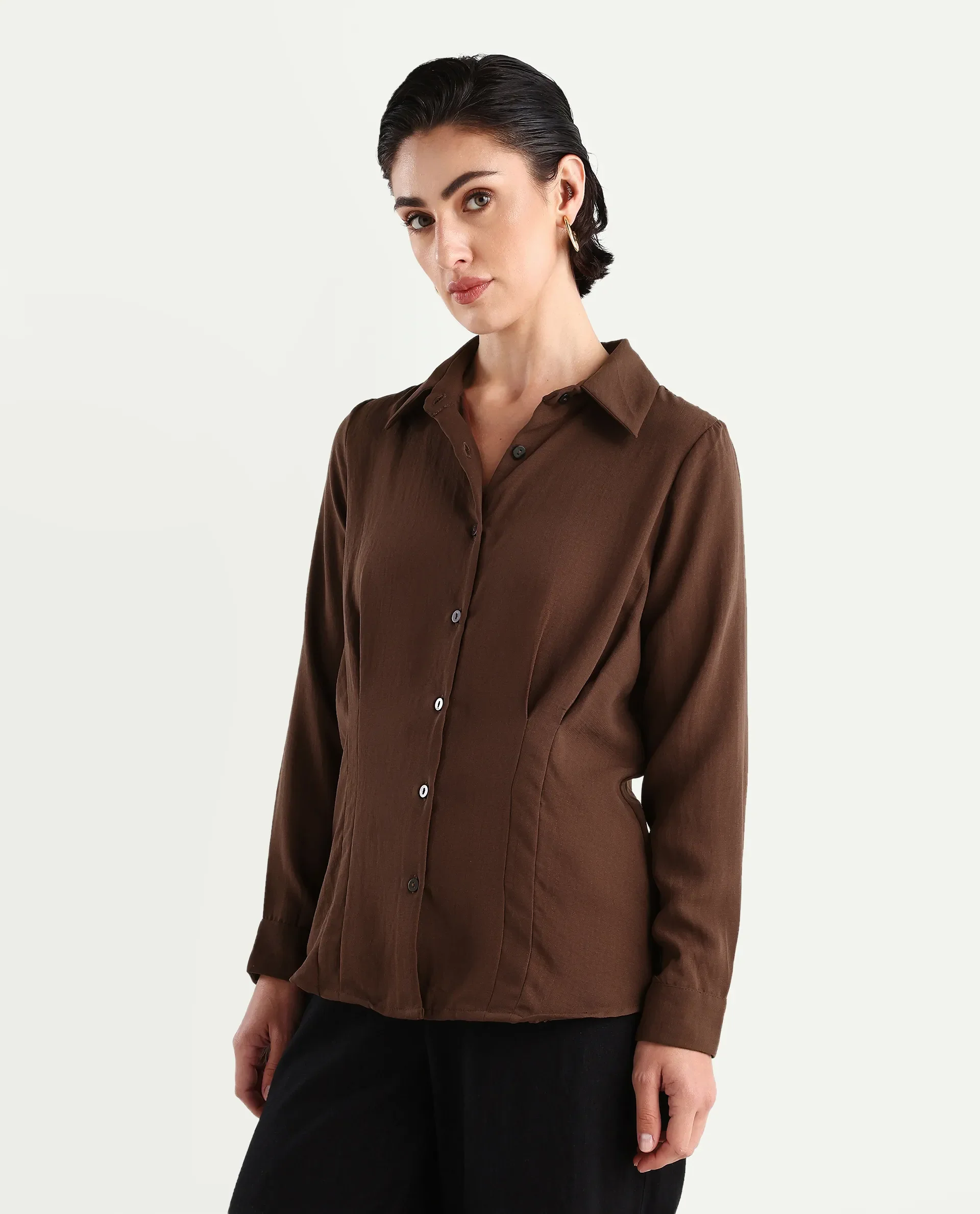 Rareism Women's Mersin Brown Polyester Spread Collar Plain Cuffed Sleeve Regular Fit Top - Image 5