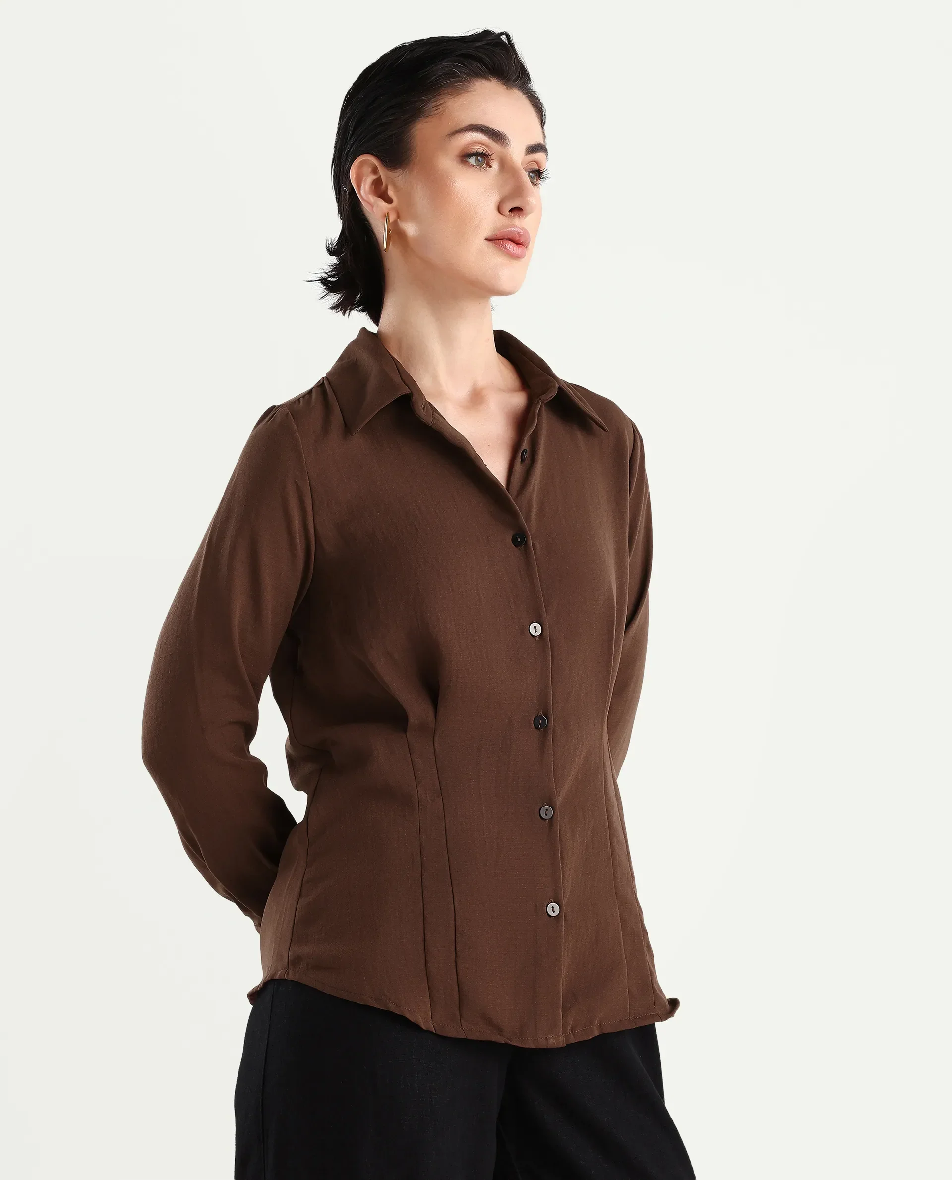 Rareism Women's Mersin Brown Polyester Spread Collar Plain Cuffed Sleeve Regular Fit Top - Image 6