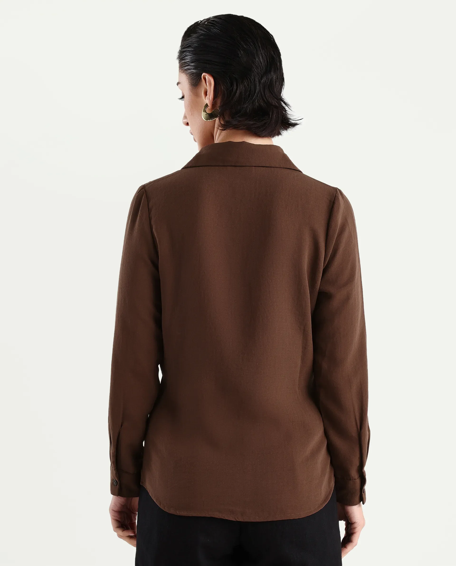 Rareism Women's Mersin Brown Polyester Spread Collar Plain Cuffed Sleeve Regular Fit Top - Image 7