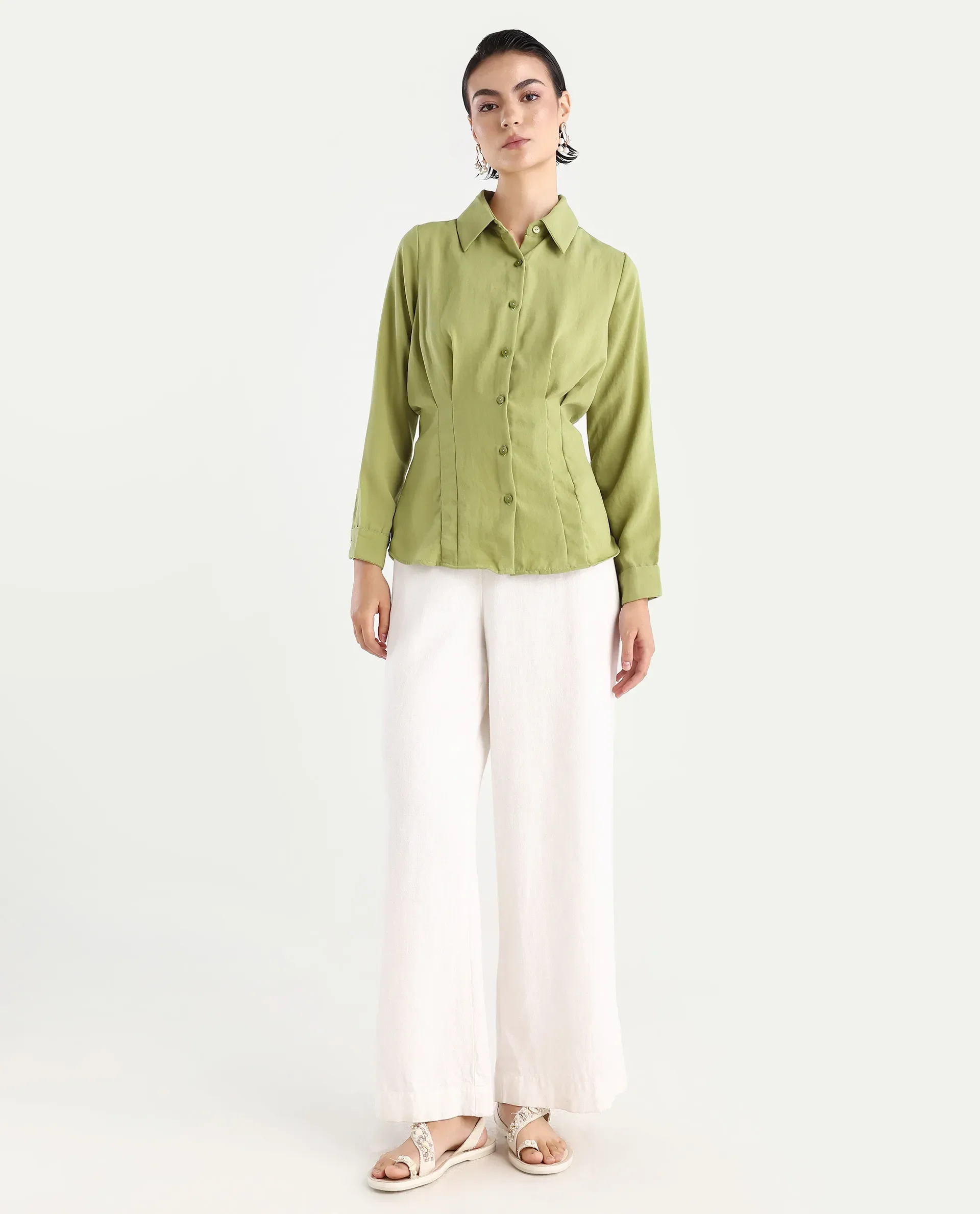 Rareism Women's Mersin Light Green Polyester Spread Collar Plain Cuffed Sleeve Regular Fit Top - Image 2