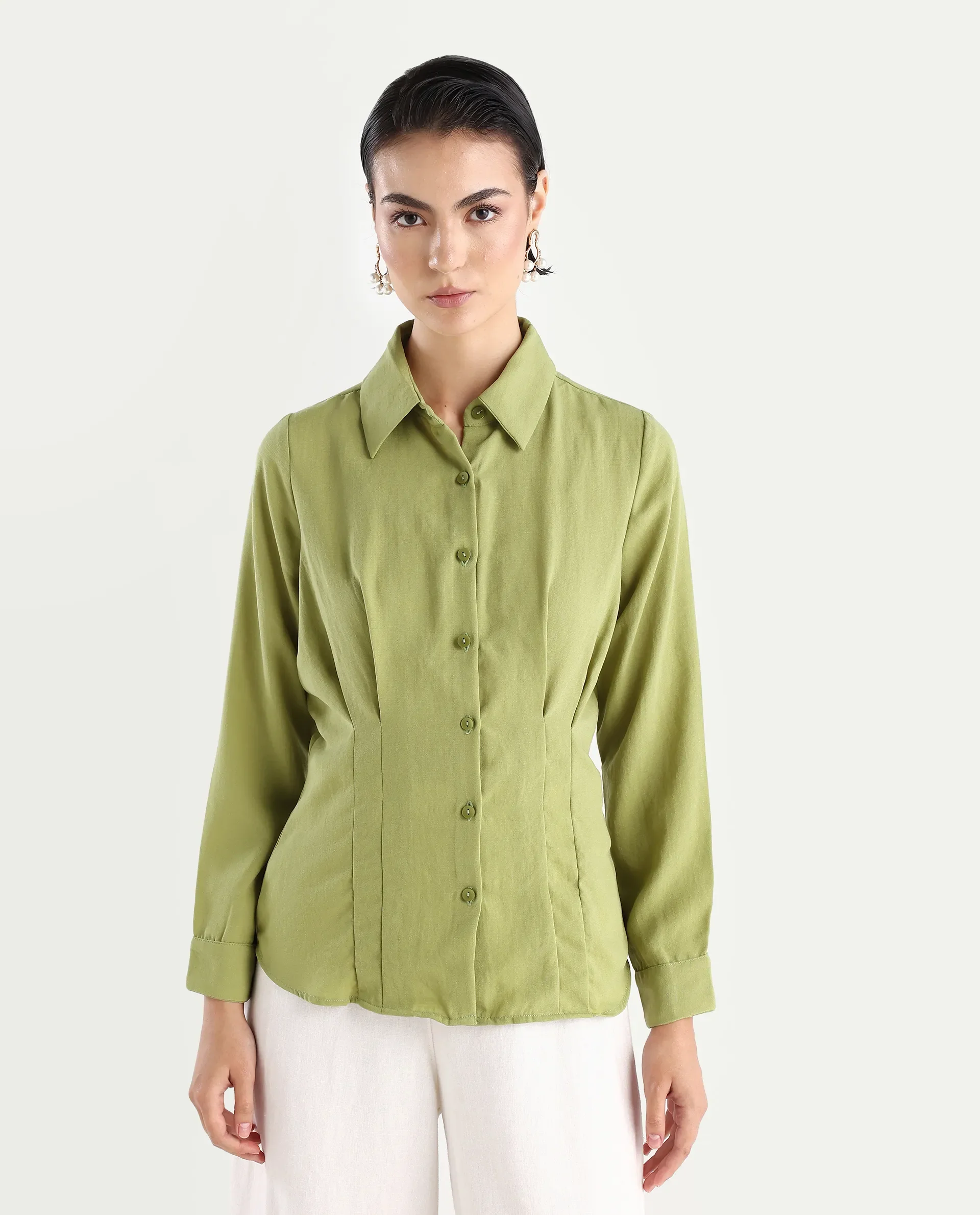 Rareism Women's Mersin Light Green Polyester Spread Collar Plain Cuffed Sleeve Regular Fit Top - Image 3