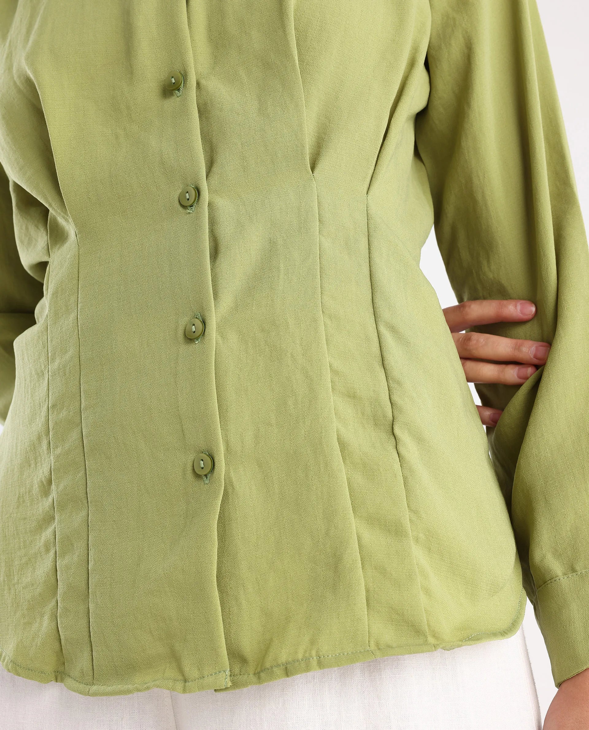 Rareism Women's Mersin Light Green Polyester Spread Collar Plain Cuffed Sleeve Regular Fit Top - Image 4