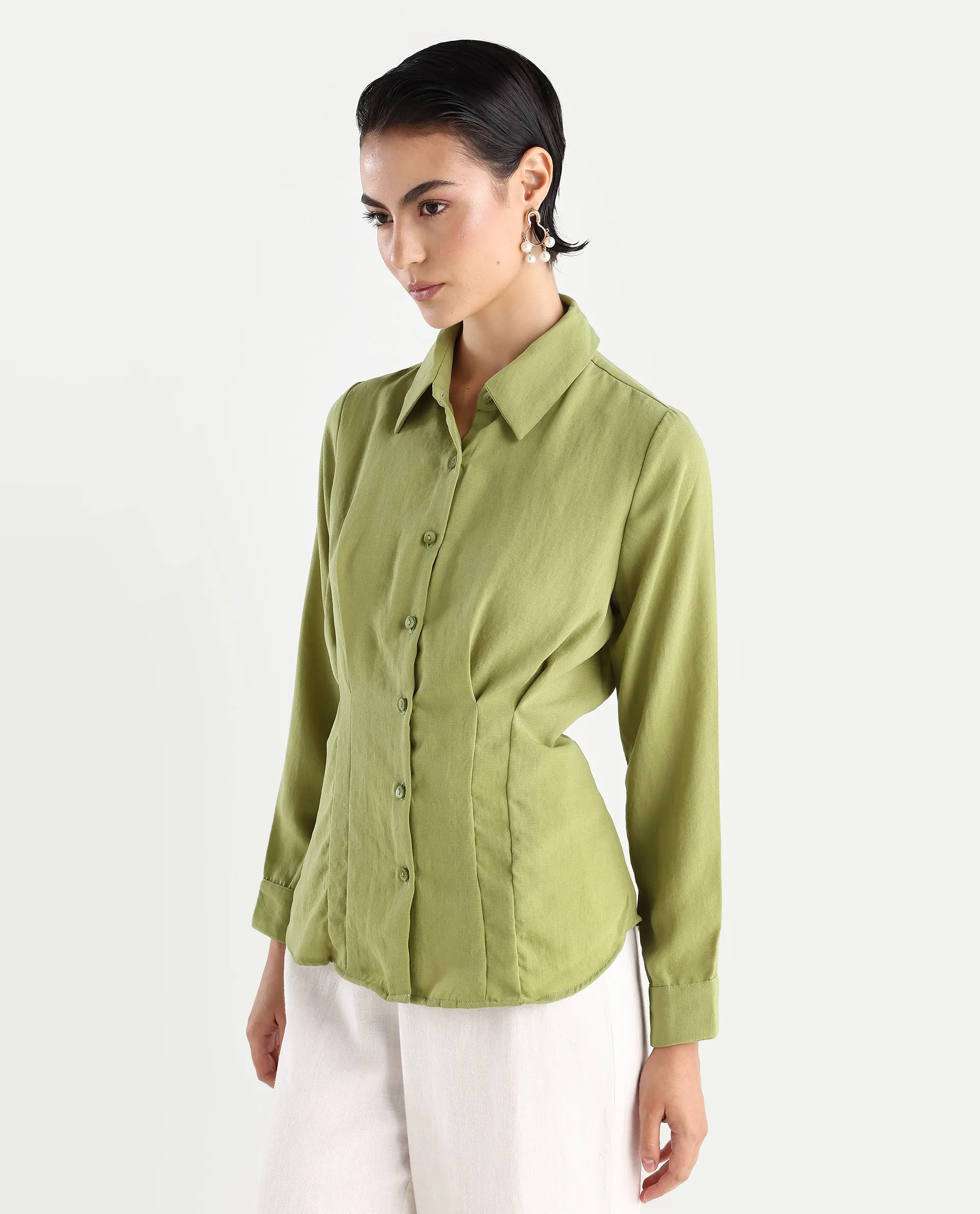Rareism Women's Mersin Light Green Polyester Spread Collar Plain Cuffed Sleeve Regular Fit Top - Image 5