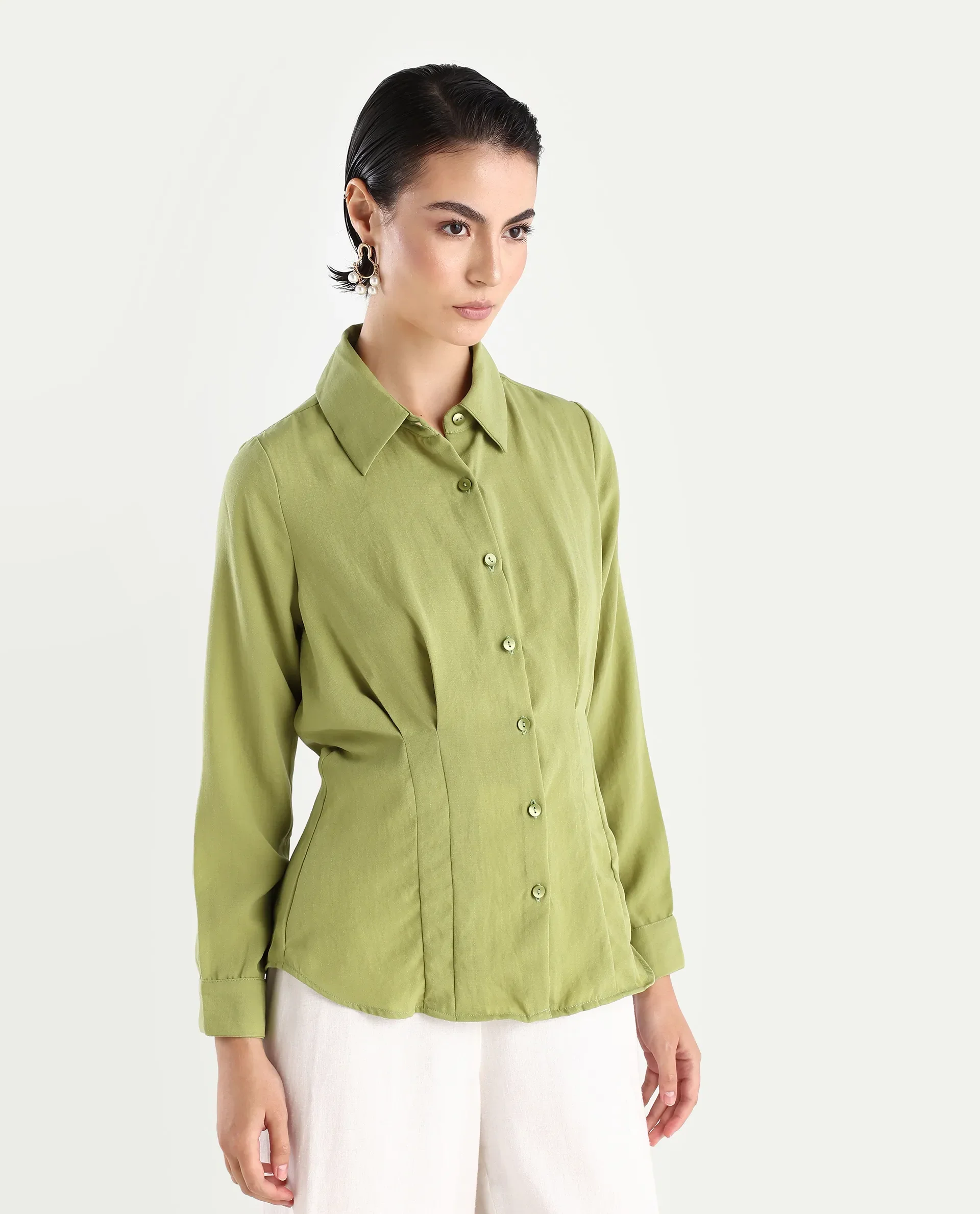 Rareism Women's Mersin Light Green Polyester Spread Collar Plain Cuffed Sleeve Regular Fit Top - Image 6