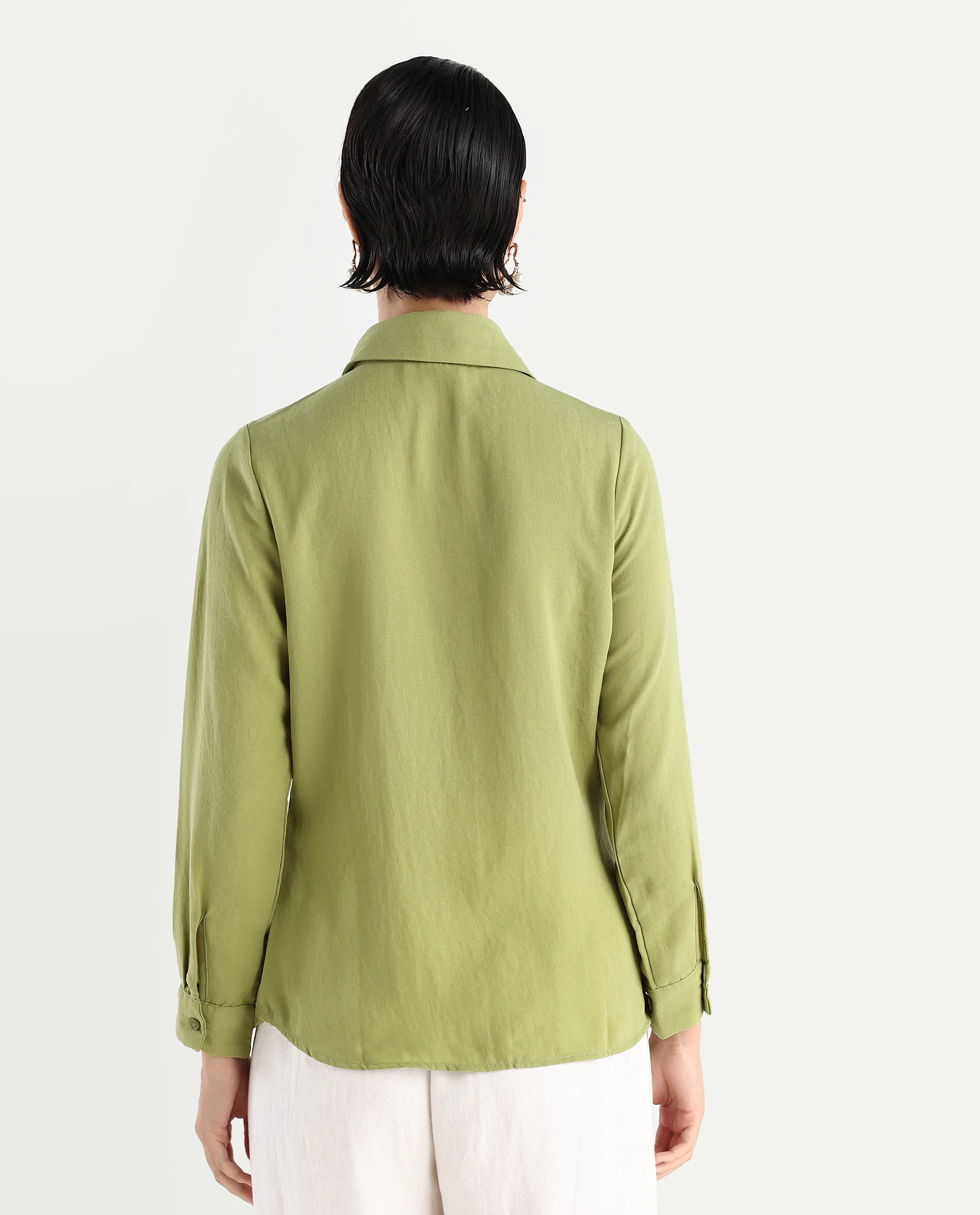 Rareism Women's Mersin Light Green Polyester Spread Collar Plain Cuffed Sleeve Regular Fit Top - Image 7