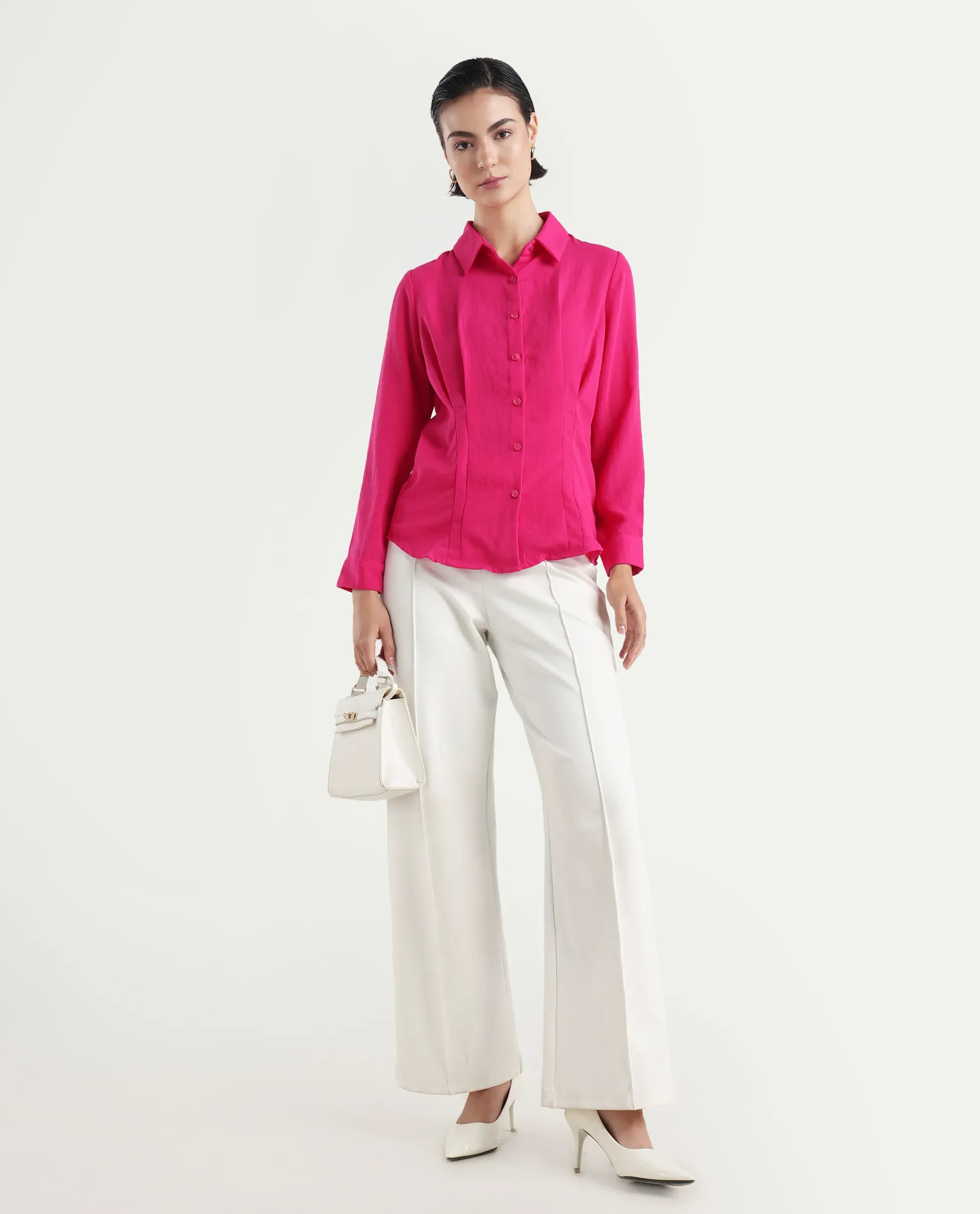 Rareism Women's Mersin Pink Polyester Spread Collar Plain Cuffed Sleeve Regular Fit Top - Image 2