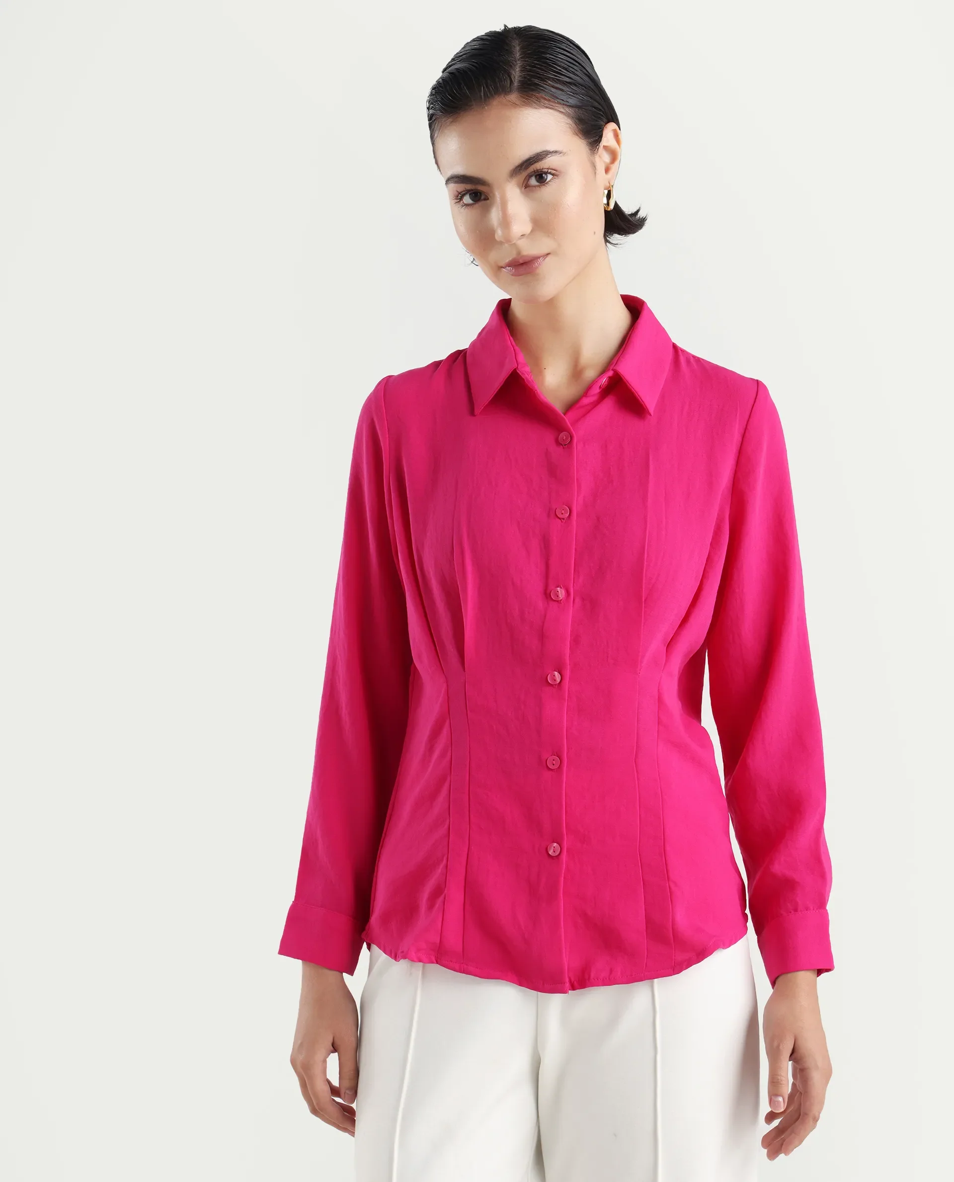 Rareism Women's Mersin Pink Polyester Spread Collar Plain Cuffed Sleeve Regular Fit Top - Image 3
