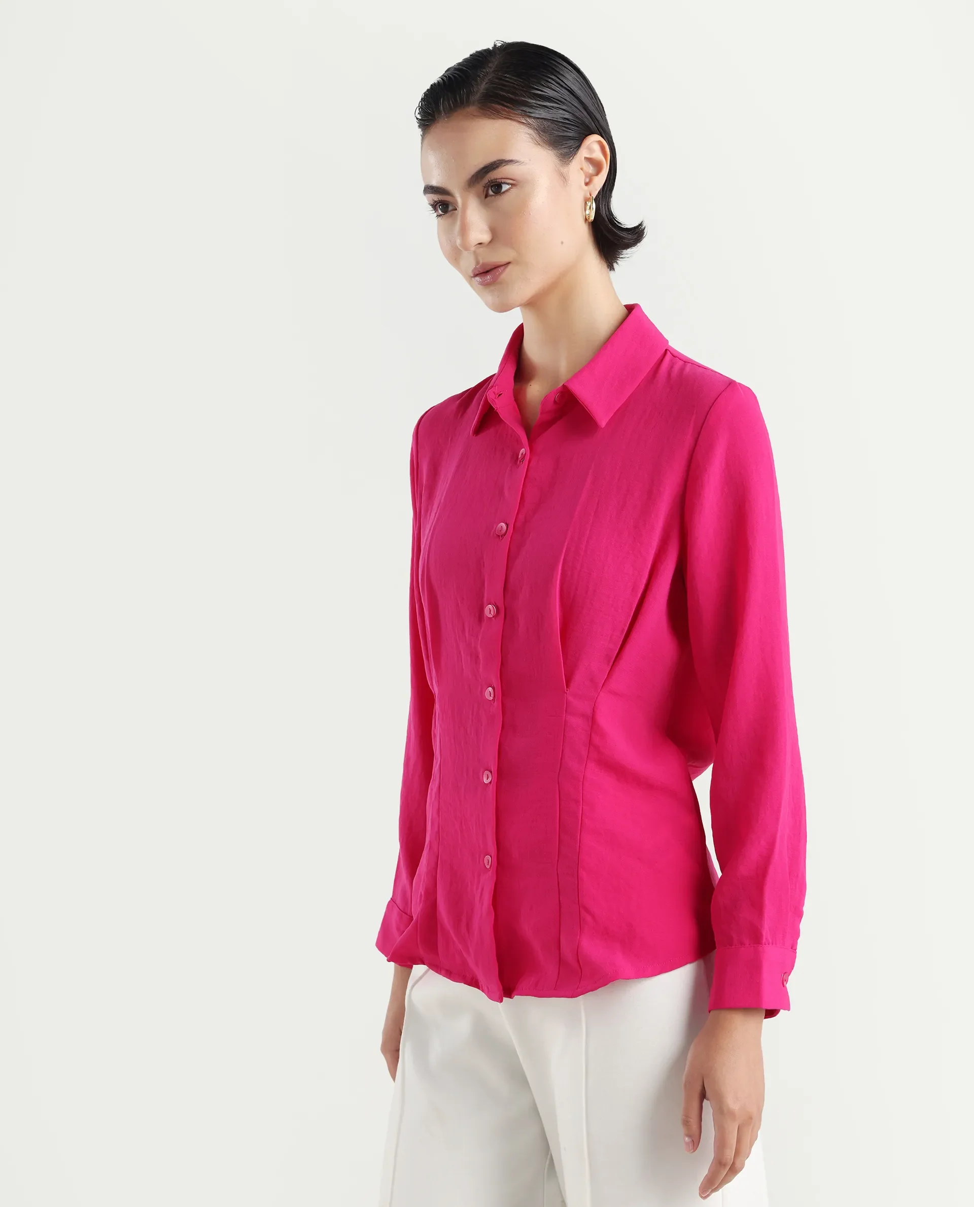 Rareism Women's Mersin Pink Polyester Spread Collar Plain Cuffed Sleeve Regular Fit Top - Image 5