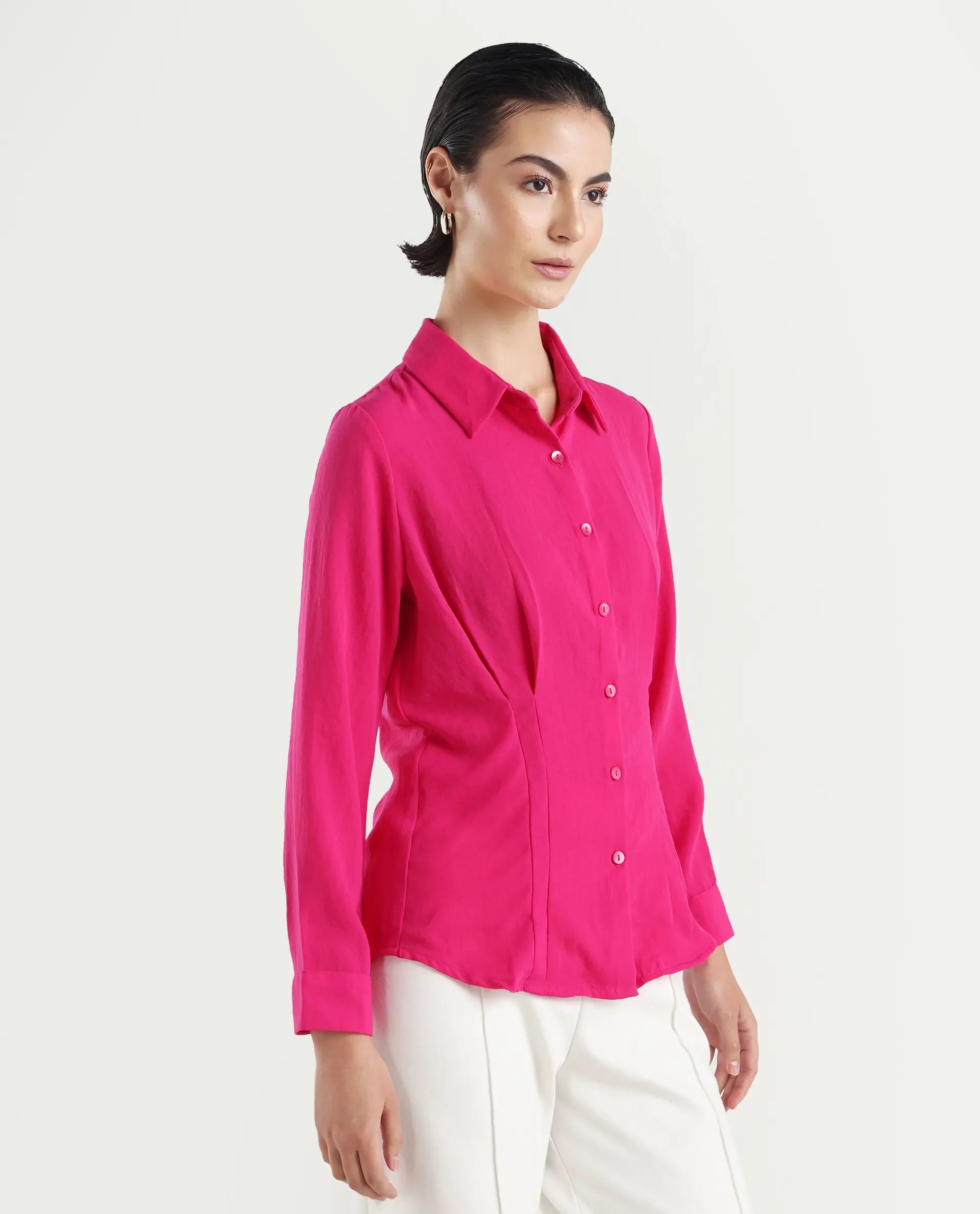 Rareism Women's Mersin Pink Polyester Spread Collar Plain Cuffed Sleeve Regular Fit Top - Image 6