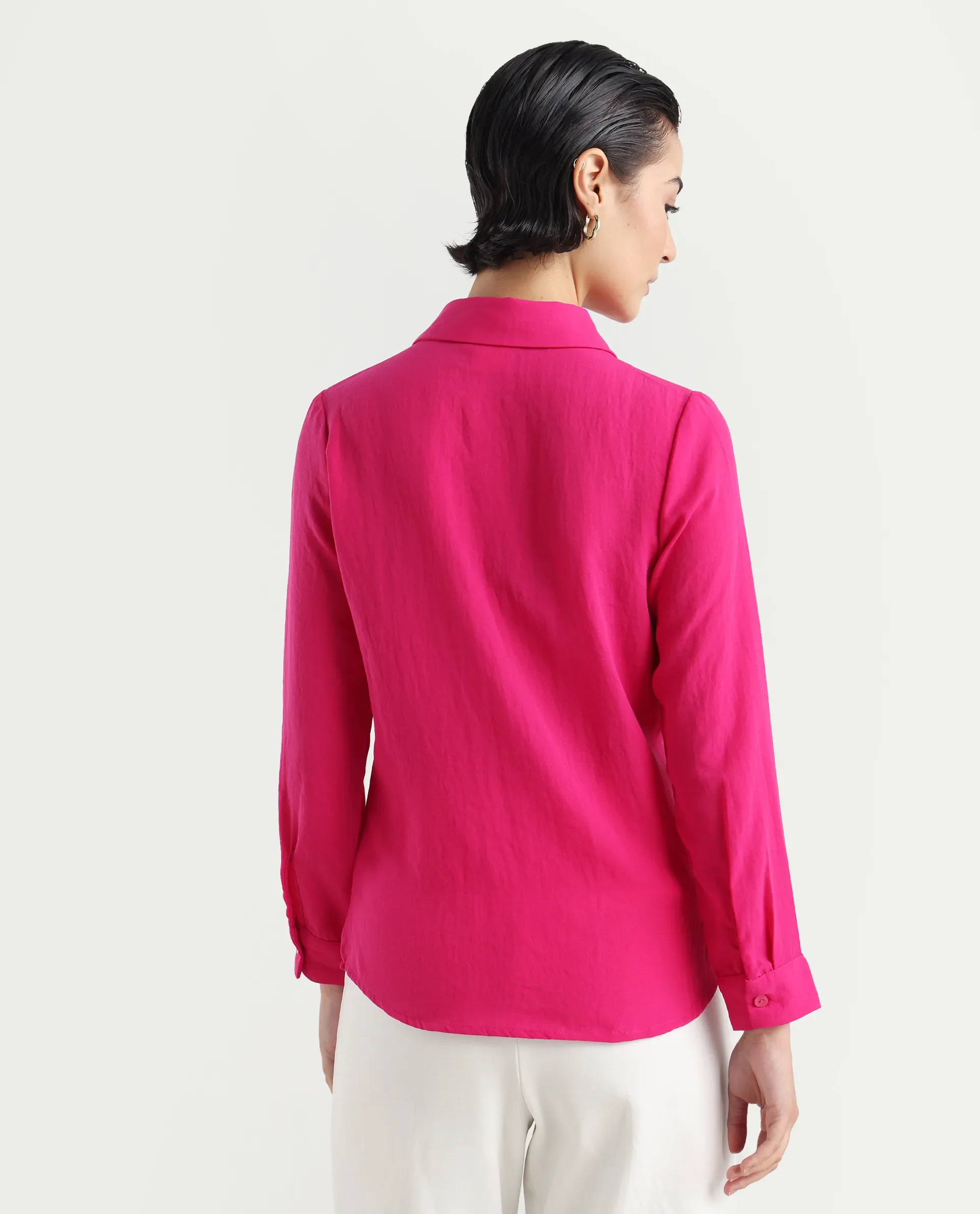 Rareism Women's Mersin Pink Polyester Spread Collar Plain Cuffed Sleeve Regular Fit Top - Image 7