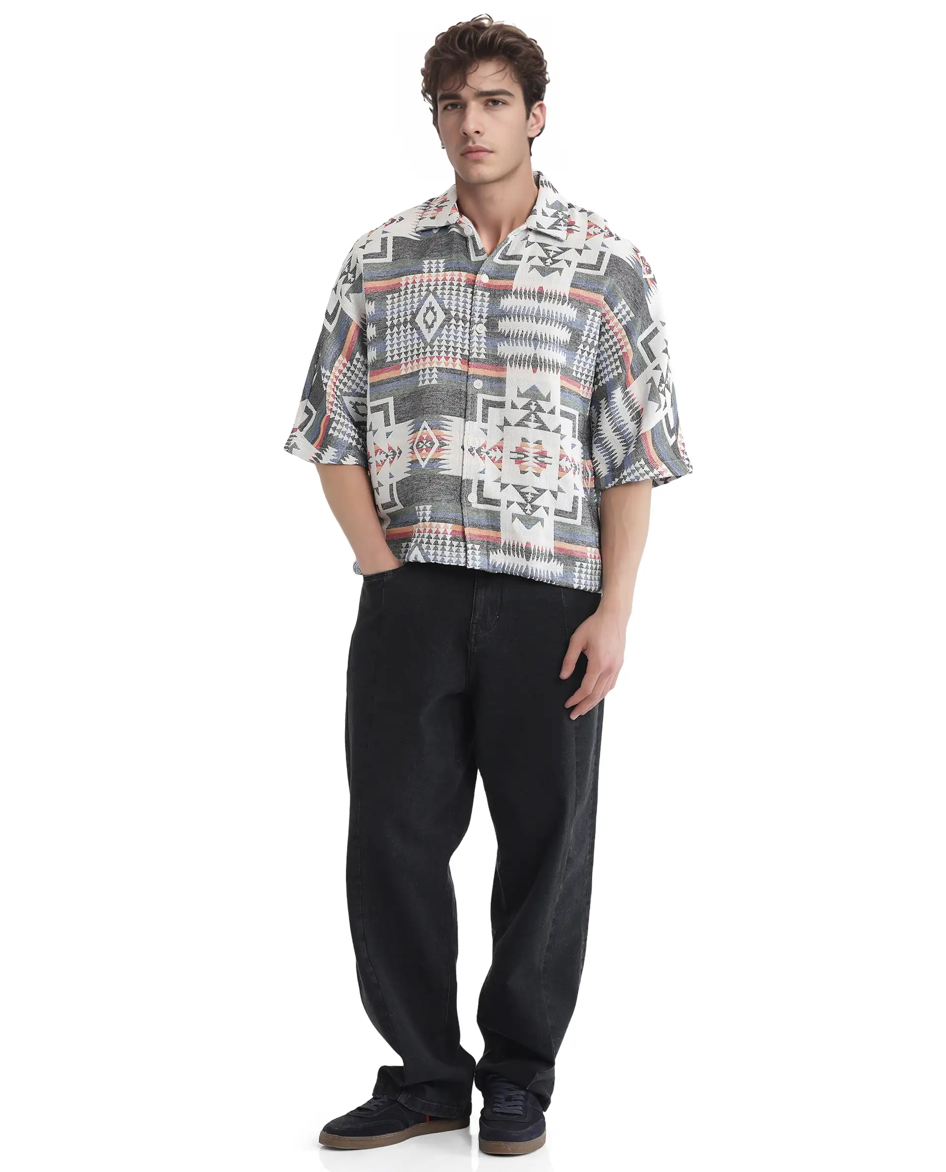 Rare Rabbit Men's Merton White Cotton Jacquard Boxy Fit Half Sleeve Collared Shirt - Image 2