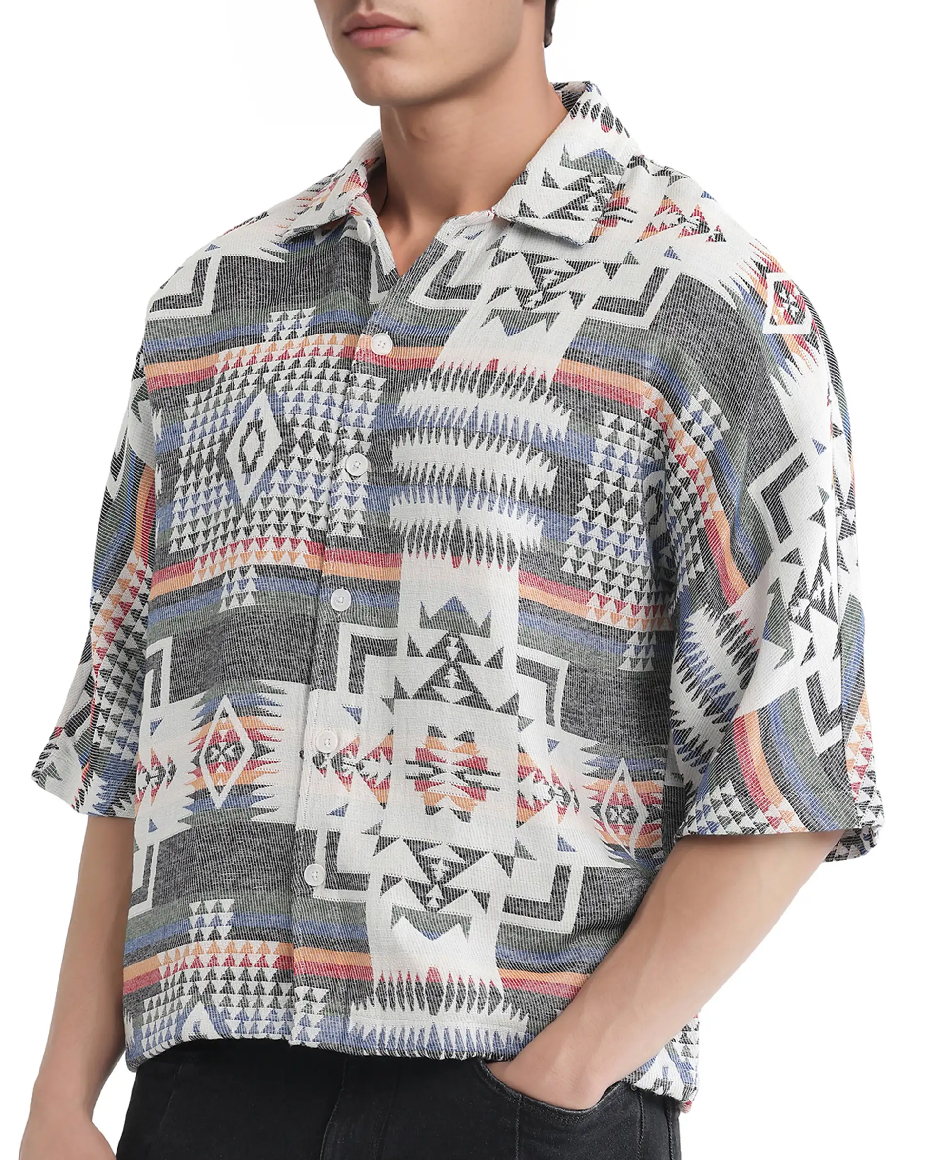 Rare Rabbit Men's Merton White Cotton Jacquard Boxy Fit Half Sleeve Collared Shirt - Image 4