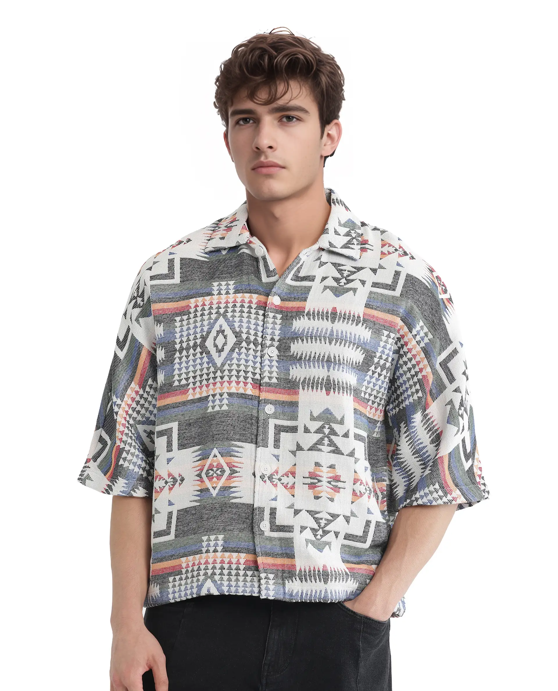 Rare Rabbit Men's Merton White Cotton Jacquard Boxy Fit Half Sleeve Collared Shirt - Image 6