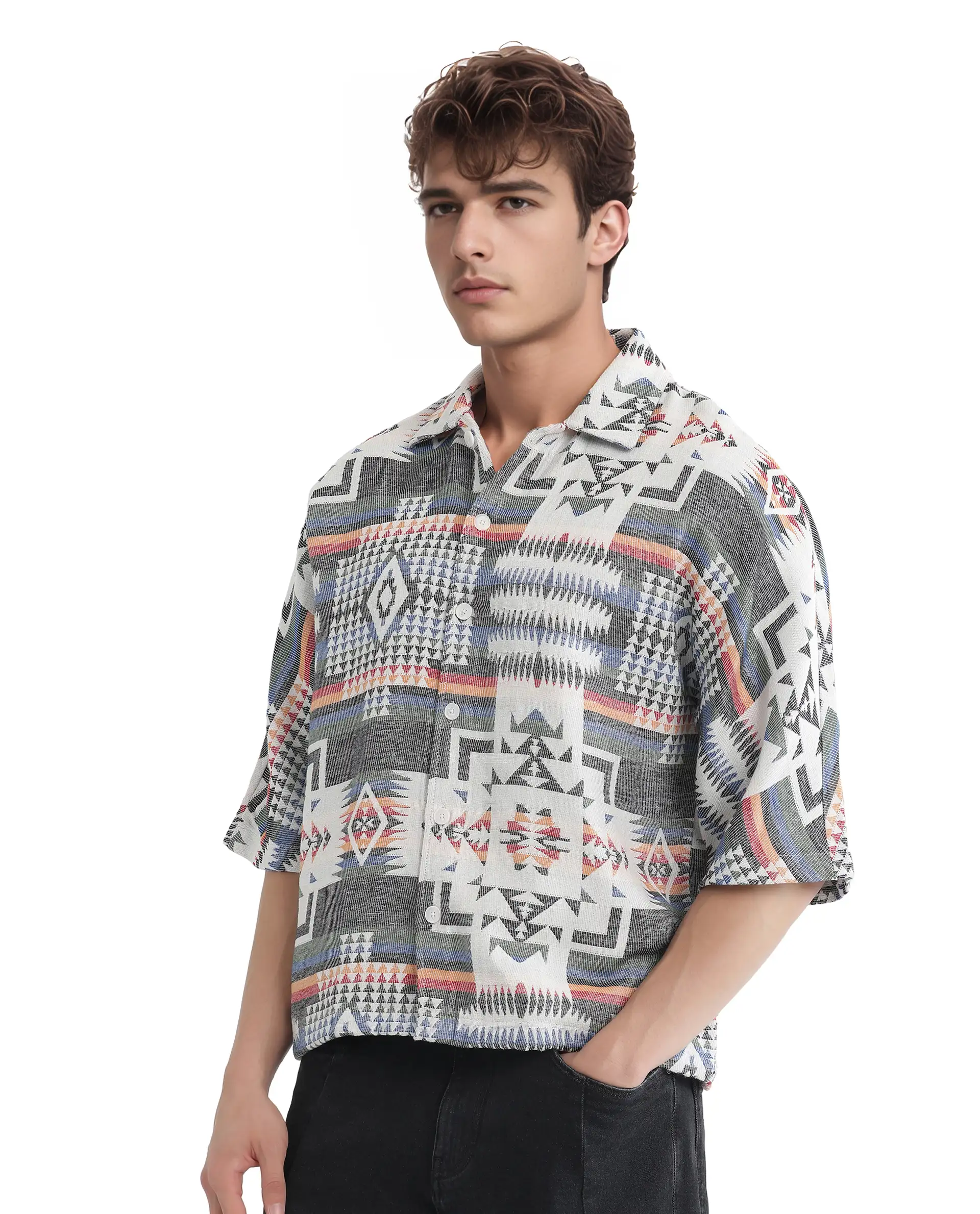 Rare Rabbit Men's Merton White Cotton Jacquard Boxy Fit Half Sleeve Collared Shirt - Image 7